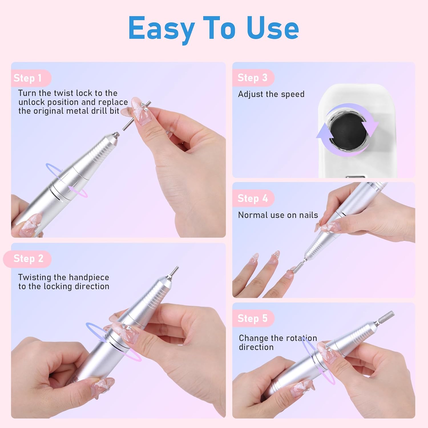 Portable Electric Nail Drill Professional 45000 RPM, Rechargeable Electric Nail File Machine Kit for Acrylic Gel Nails Polishing Removing, Quiet E-File with Bits for Manicure Salon Home - Image 6