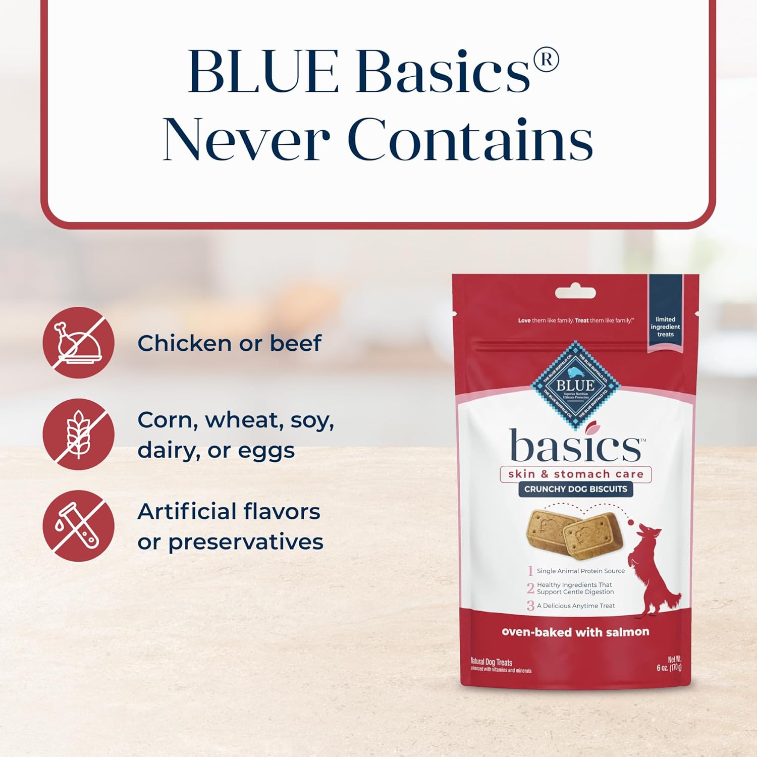 Blue Buffalo Basics Crunchy Dog Biscuits for Skin & Stomach Care, Limited Ingredient Diet Dog Treats, Salmon & Potato Recipe, 6-oz. Bag - Image 6