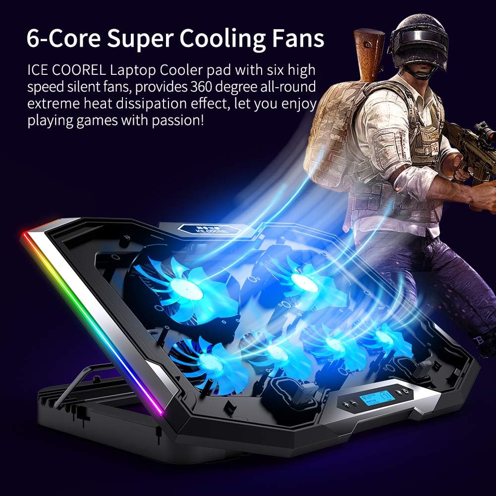 ICE COOREL Gaming Laptop Cooling Pad 15-17.3 Inch, Laptop Fan with 6 RGB Cooling Fans, Laptop Cooling Stand with 6 Height Adjustable, Laptop Cooler with LCD Screen, 2 USB Ports, Phone Stand - Image 8