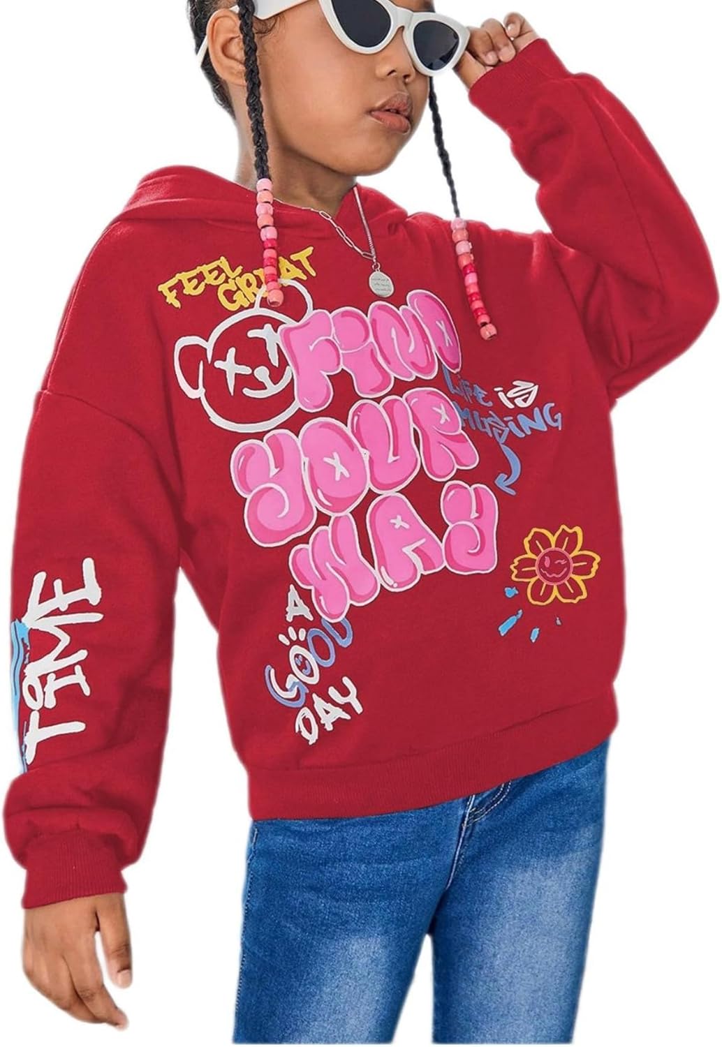 WDIRARA Girl's Cartoon Letter Graphic Hoodie Drop Shoulder Long Sleeve Pullover Sweatshirt - Image 2