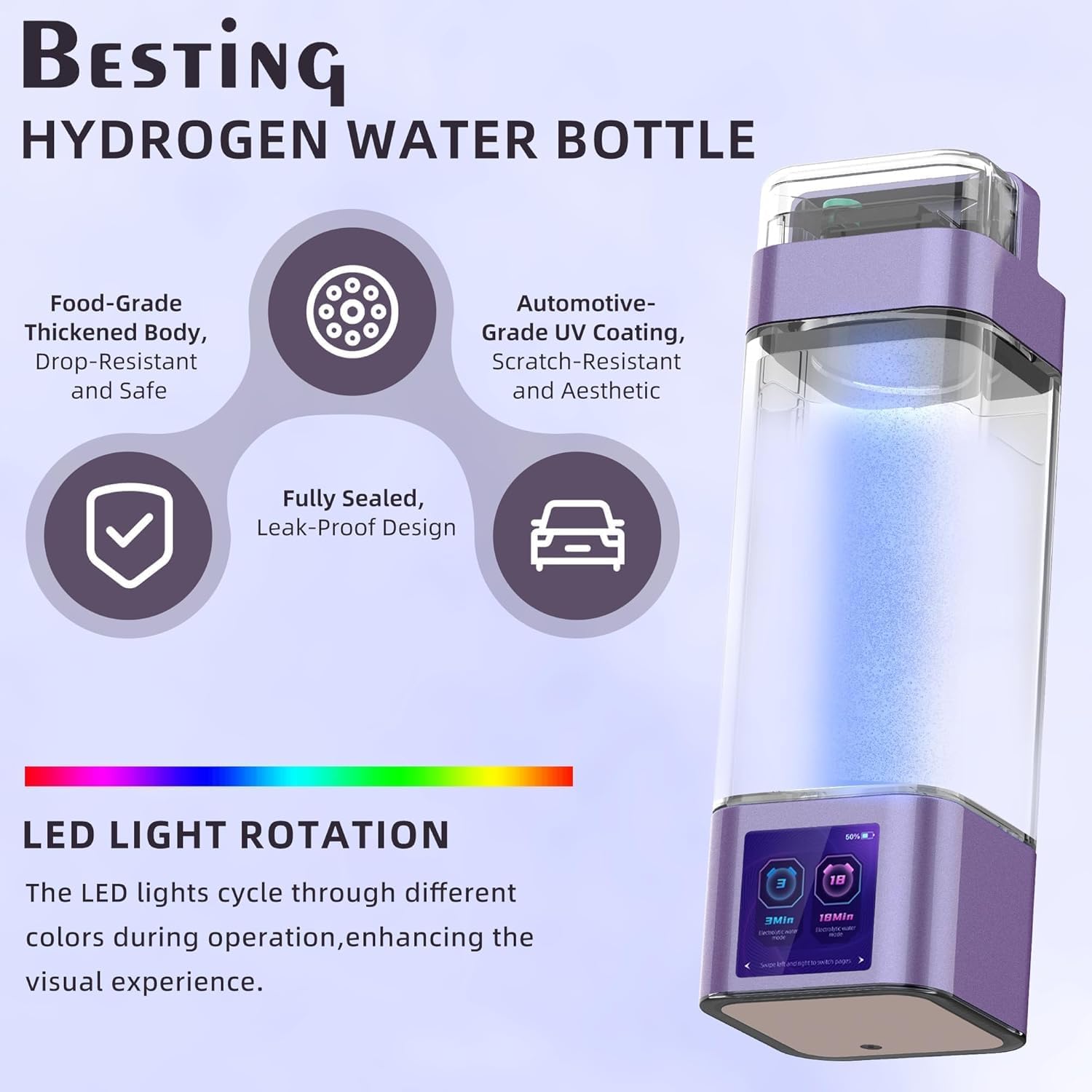 Upgraded Hydrogen Water Bottle Deluxe Version, Up to 12000PPB, Smart Touchscreen Control SPE Hydrogen Generator with LED Display Portable Hydrogen Water Generator for Sports/Home/Office - Image 7