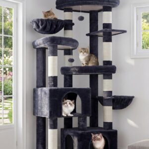 Hey-brother Cat Tree, 67.3 Inches Tower with 3 Soft Platform Beds, 2 Large Condos, 9 Sisal Scratching Posts, 2 Hammocks and Toys, Multi-Level Step House for Multiple Indoor Kittens, Smoky Gray MPJ084G