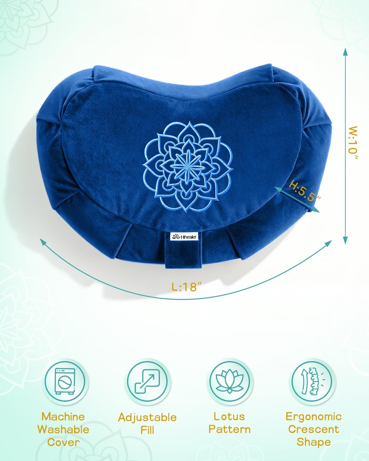 Hihealer Premium Crescent Meditation Cushion, Ergonomic Buckwheat Hull Floor Pillow for Adults, Comfortable Yoga Bolster for Meditation & Floor Sitting (Blue) - Image 2