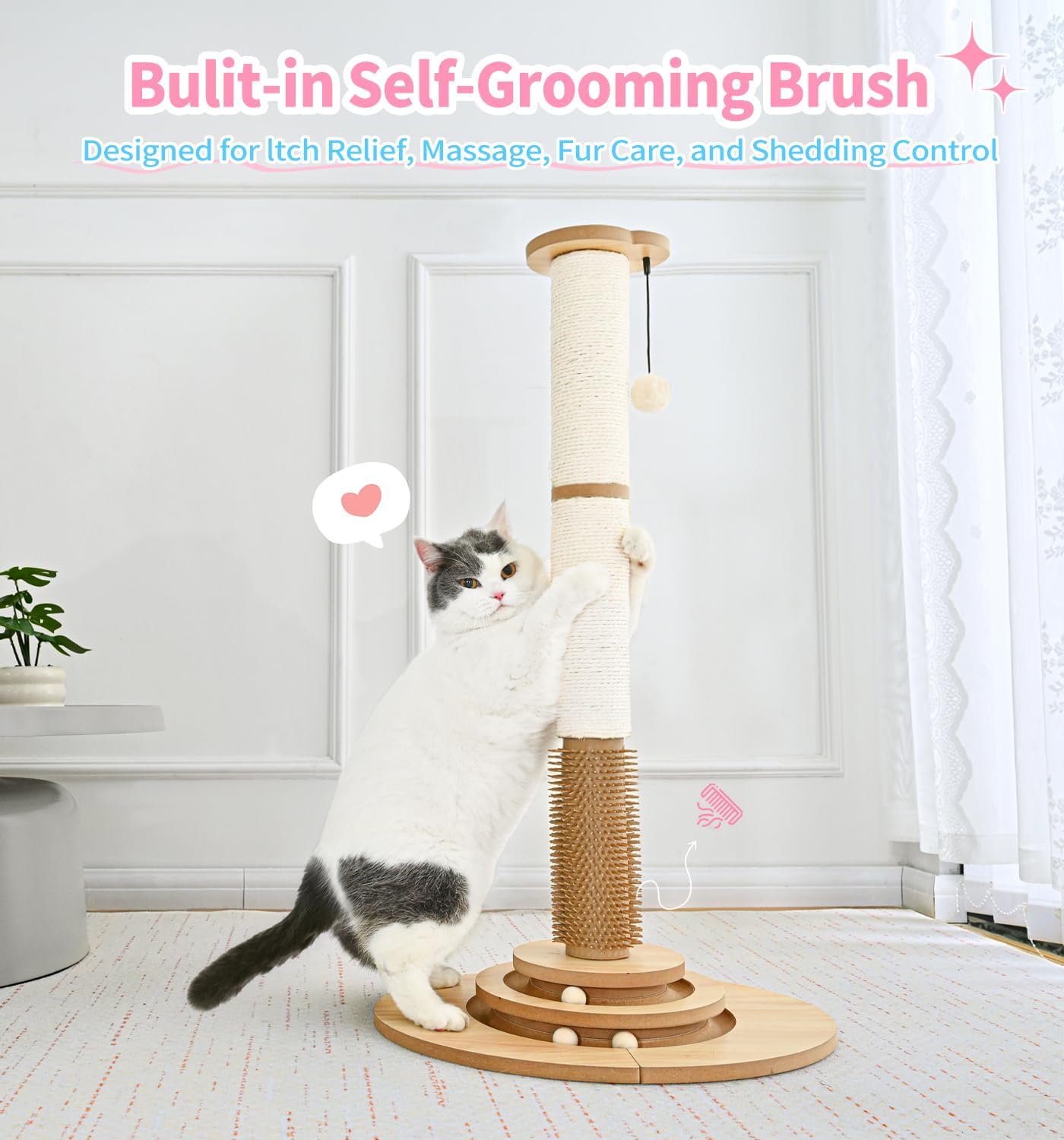 Made4Pets Cat Scratching Post Premium Sisal Cat Scratcher Kitten Toys for Indoor Kittens 33.6" Tall Cat Tower Scratch Post Cat Tree Wooden Interactive Ball Track Cat Toy with Hanging Ball, Beige - Image 4