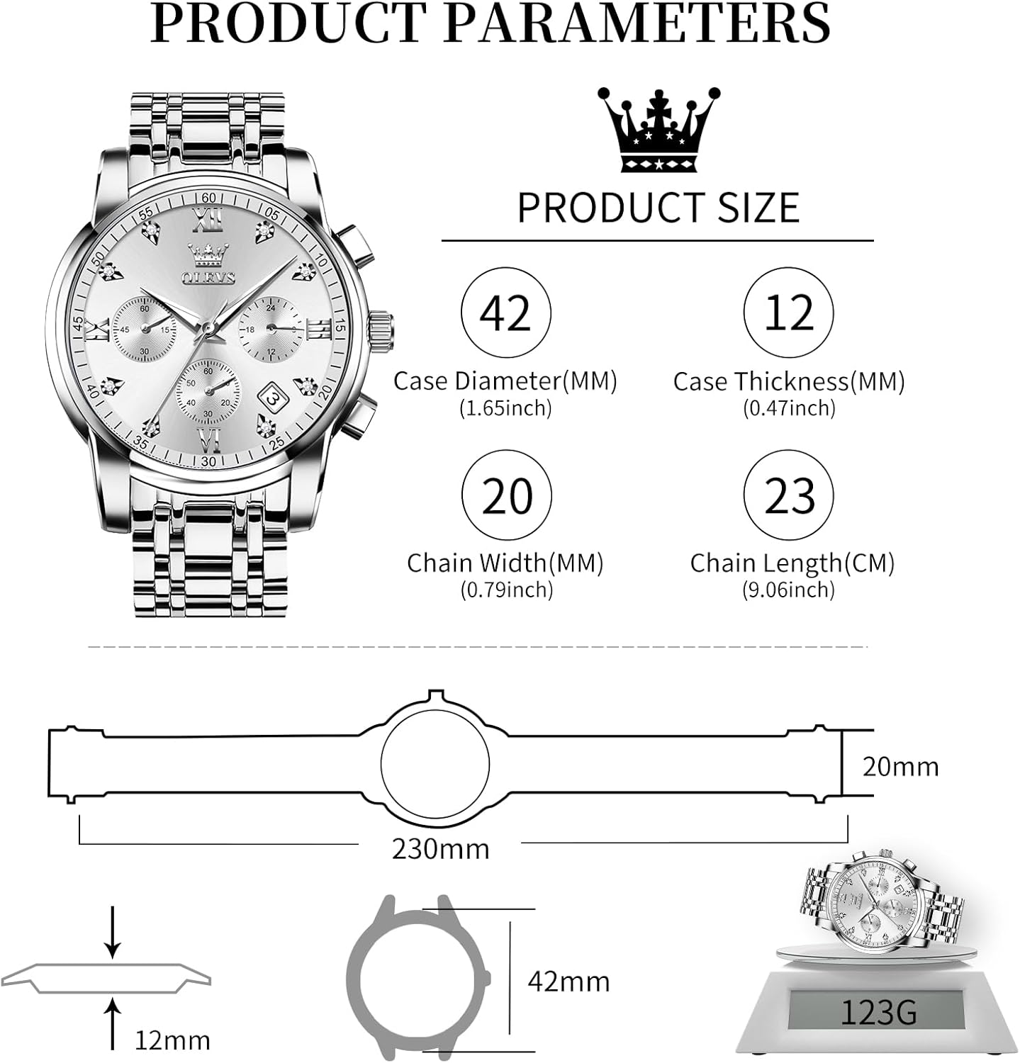 OLEVS Men's Stainless Steel Chronograph Watch, Big Face Gold Silver Black Tone Easy to Read Analog Quartz Watch, Luxury Waterproof Date Diamond Roman Arabic Numerals Dial Dress Watch for Men - Image 4