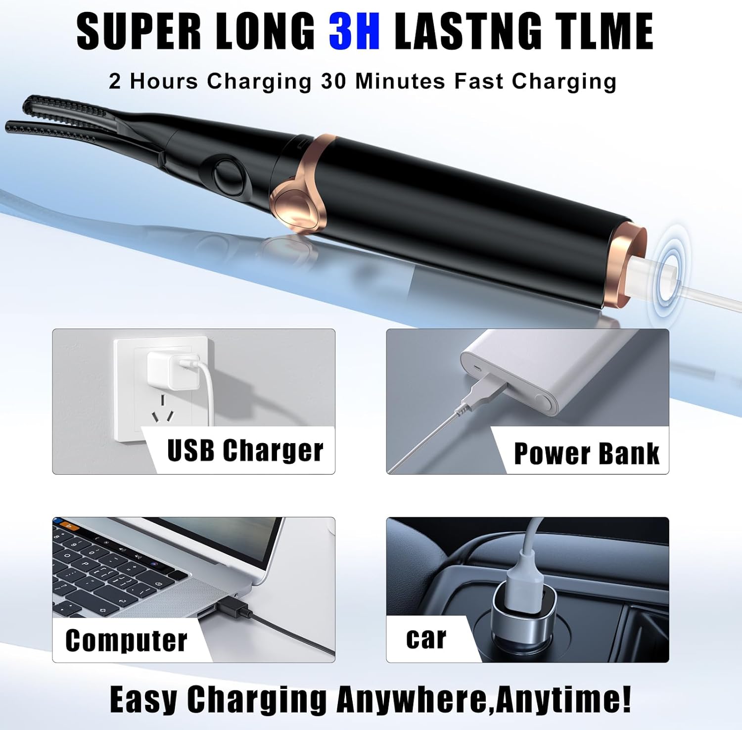 Heated Eyelash Curlers - 2 in 1 Clip- Type Heated lash Curler Best Seller Electric Eyelash Curler 3 Temp Settings for Makeup Tools USB Rechargeable Natural Curling 24H Long Lasting B2-2 - Image 6