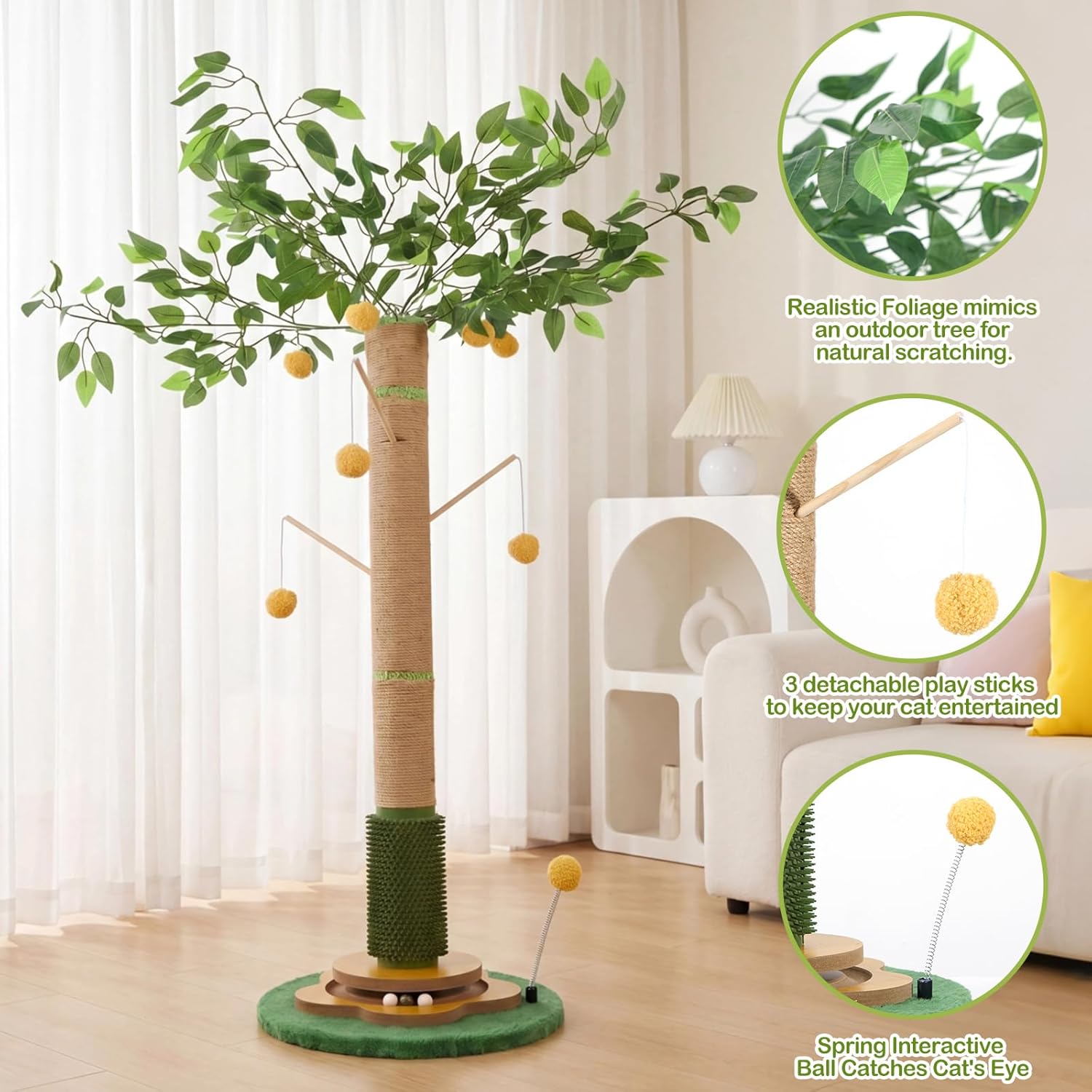 Tall Cat Scratching Post 51 Inch, Cat Scratching Post for Indoor Cats Adults, Sisal Cat Scratcher with Heavy Duty Stable Base & Hanging Toys & Self Grooming Brush for Kittens Medium Large Cats - Image 4