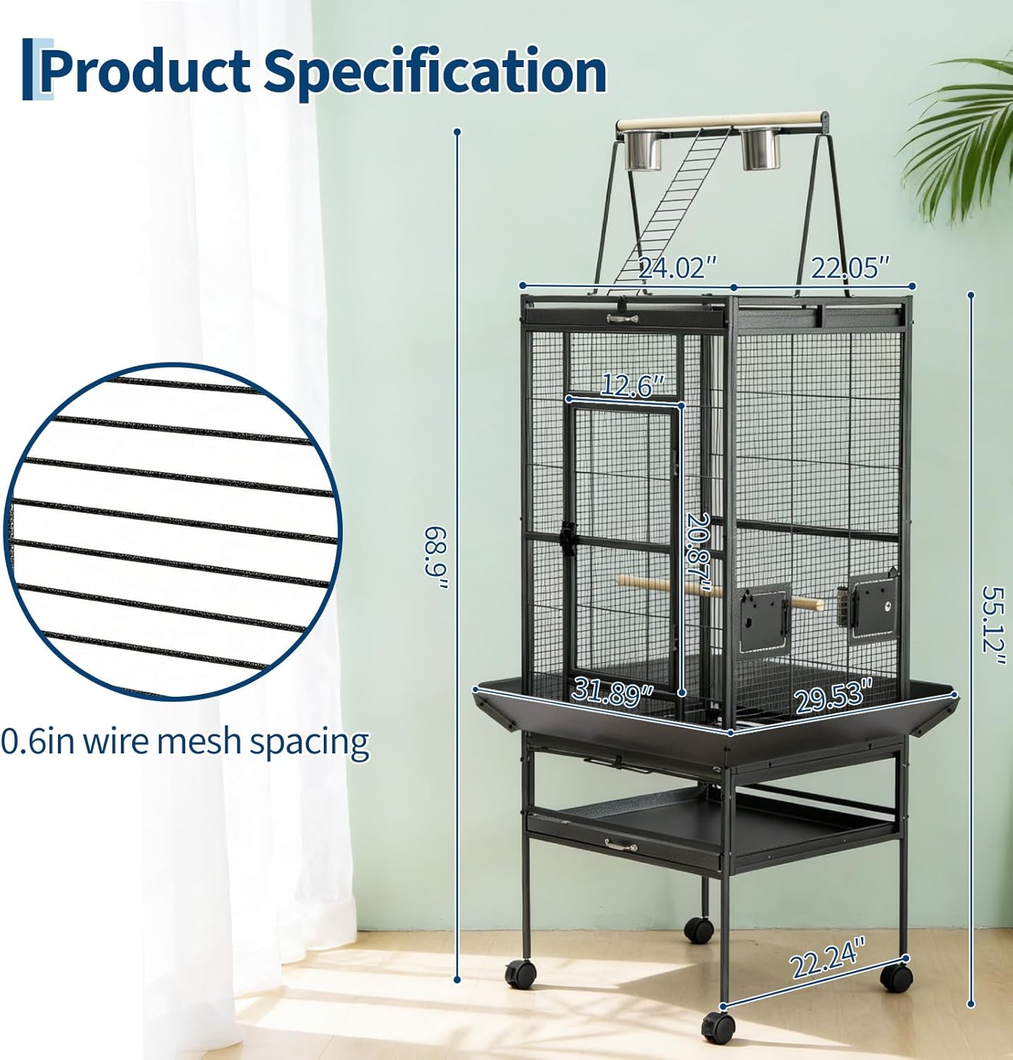 68“h Bird Cage, Large Bird Cage with Play Top, Rolling Stand for Parakeets, Cockatiels, Parrots, Budgies, Lovebirds, Small/Medium Birds - Image 2