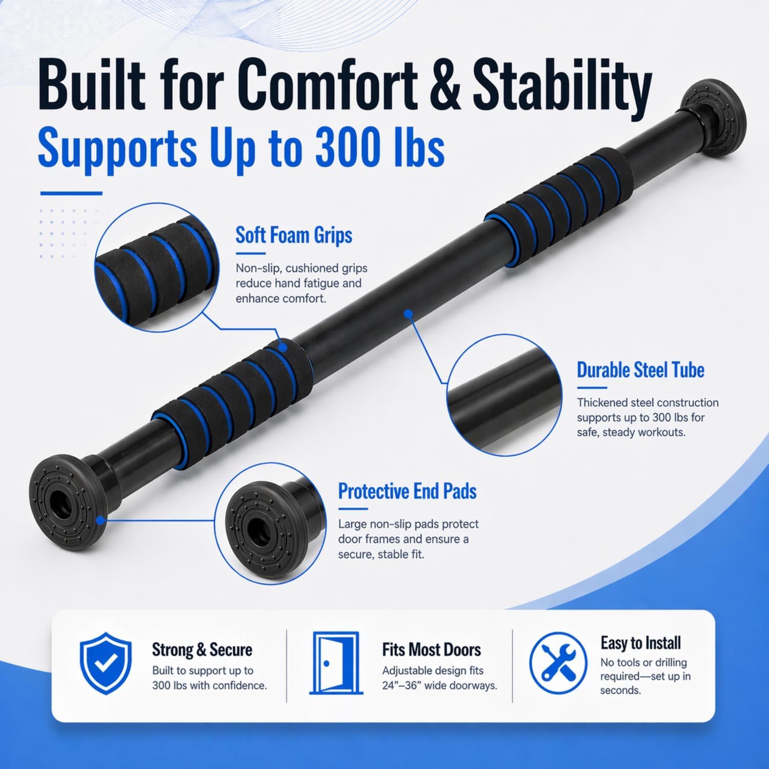 Pull Up Bar for Doorway, Adjustable Door Frame Pull Up Bar with 330 lbs Capacity, No Screw Chin Up Bar for Home Gym Strength Training, Fits 25"–39" Door Frames and Walls - Image 4