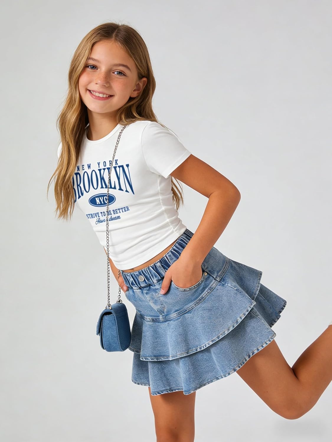 Cakaner Tween Girls Skirt Set Short Sleeve T-Shirt and Ruffle Tiered Denim Skirt Summer Casual 2 Piece Outfit Size 7-14 - Image 3