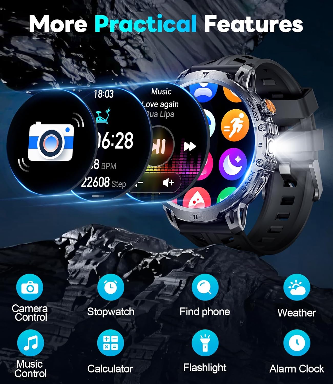 Military Smart Watch for Men, 1.85" HD Large Screen, Bluetooth Call/1000mAh/Flashlight/Heart Rate Sleep Monitor, 110+ Sports Modes Fitness Tracker Watch for Android iOS, Holiday, 3 Straps, Black - Image 8