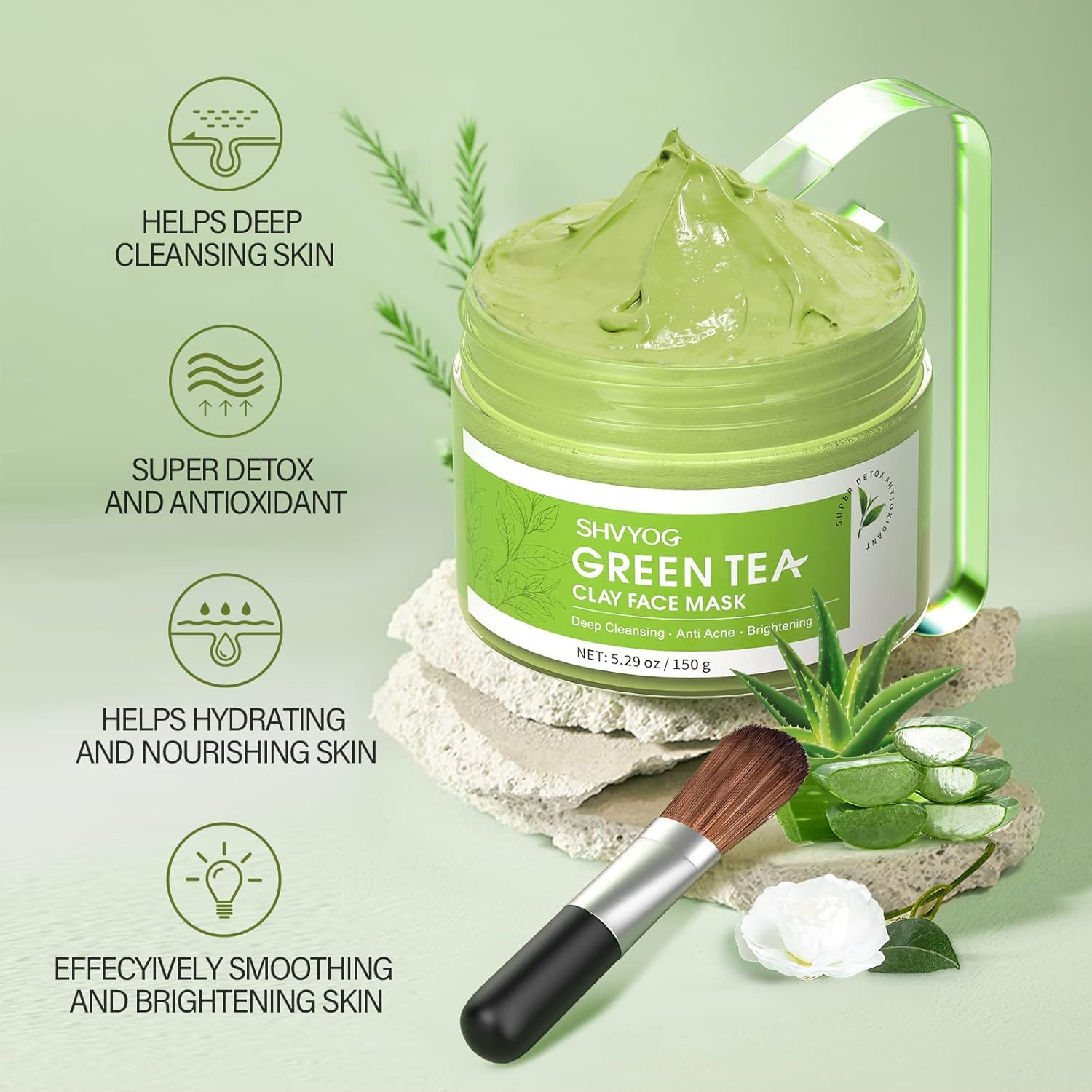 SHVYOG Green Tea Face Mask, Antioxidant Green Tea Clay Mask with Volcanic Mud, Deep Cleansing & Moisturizing & Hydrating Clay Facial Mask for Pores, Blackheads, Wrinkles, Dirts - Image 4