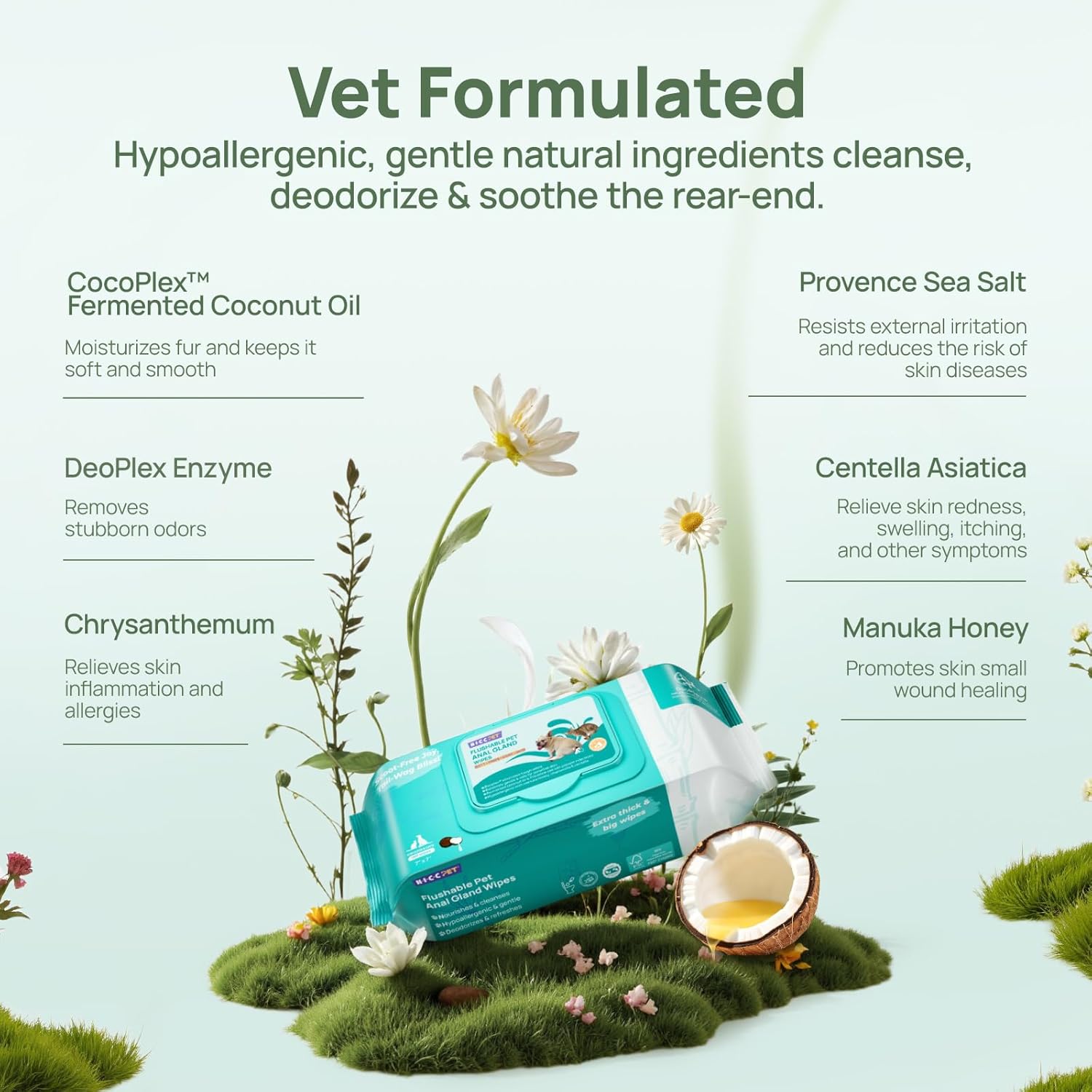 HICC PET Wipes for Dogs & Cats, Cleansing Deodorizing & Soothing Allergy Infections Anal Gland Pets Wipes with Coconut Oil - Dog Grooming Wipes for Butt and Paw - Hypoallergenic & Vet Recommended - Image 3