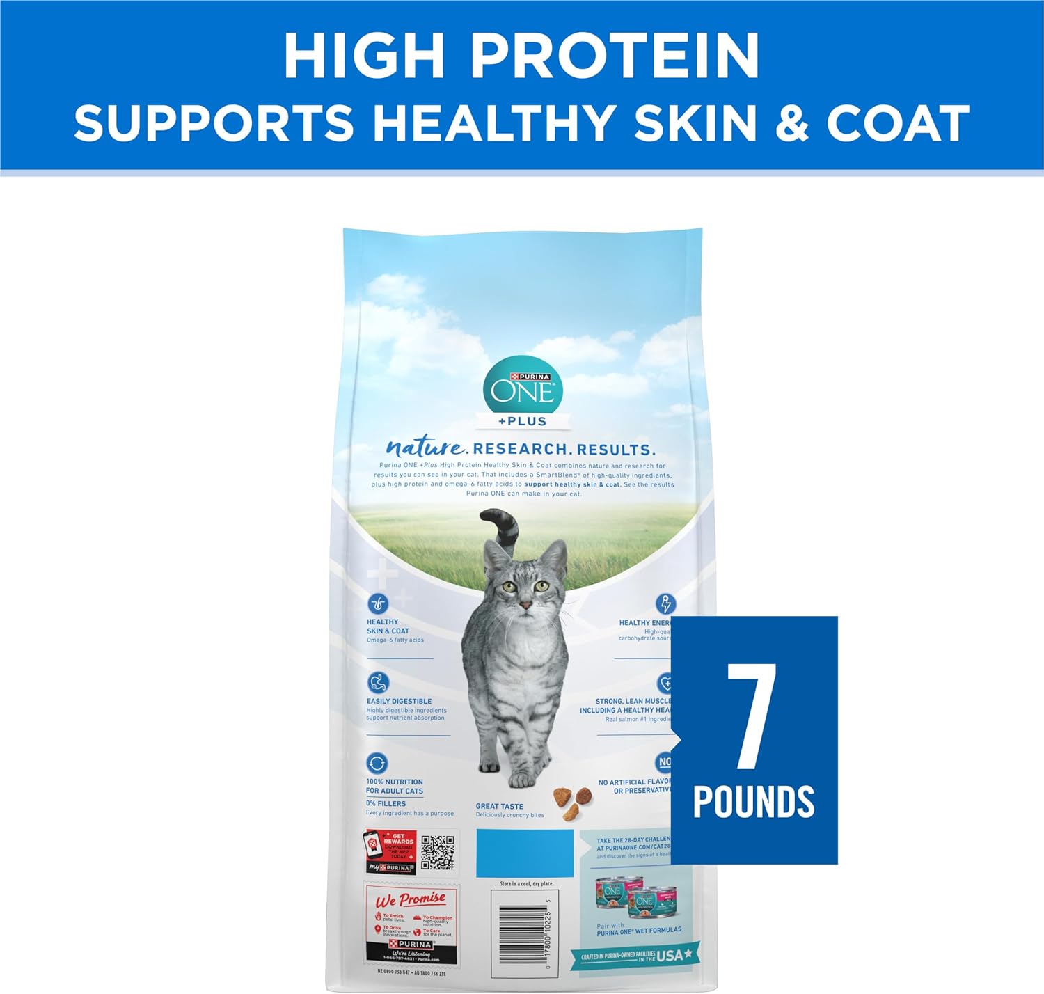 Purina ONE Plus High Protein Cat Food Dry Salmon and Ocean Whitefish Cat Skin and Coat Health Formula - 7 lb. Bag - Image 9