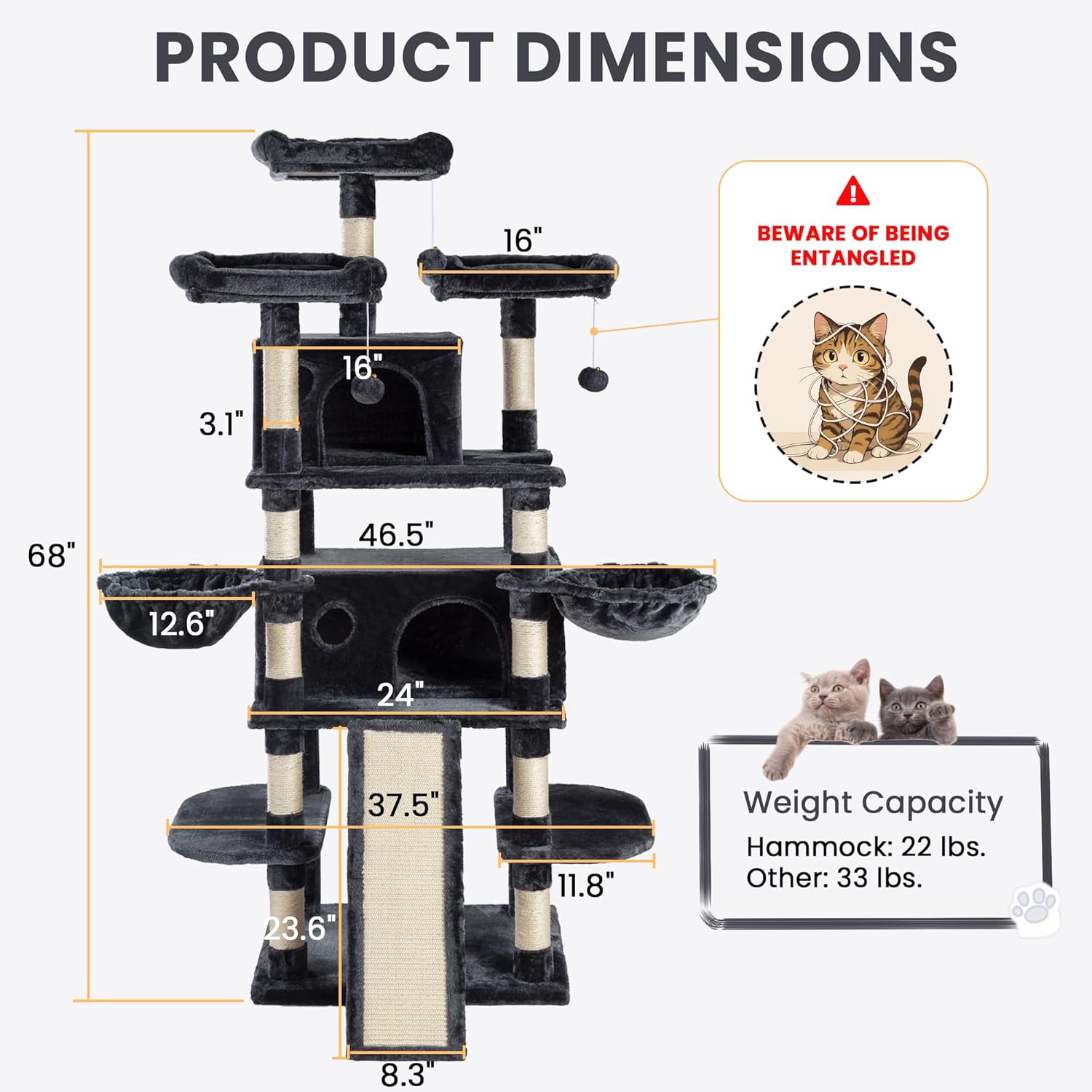 SHA CERLIN 68 Inches Multi-Level Large Cat Tree for Large Kitties/Big Cat Tower with Condo/Cozy Plush Pussycat Perches/Sisal Scratching Posts and Hammocks/Activity Center/Dark Grey - Image 6