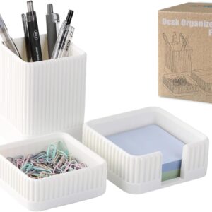 Aesthetic Desk Organizers and Accessories Set of 3 with Pen Holder,Paperclip Holder,Sticky Note Holder – Durable Plastic Pencil Holder for Office Women Men-Teacher Appreciation/Back-to-school Gift