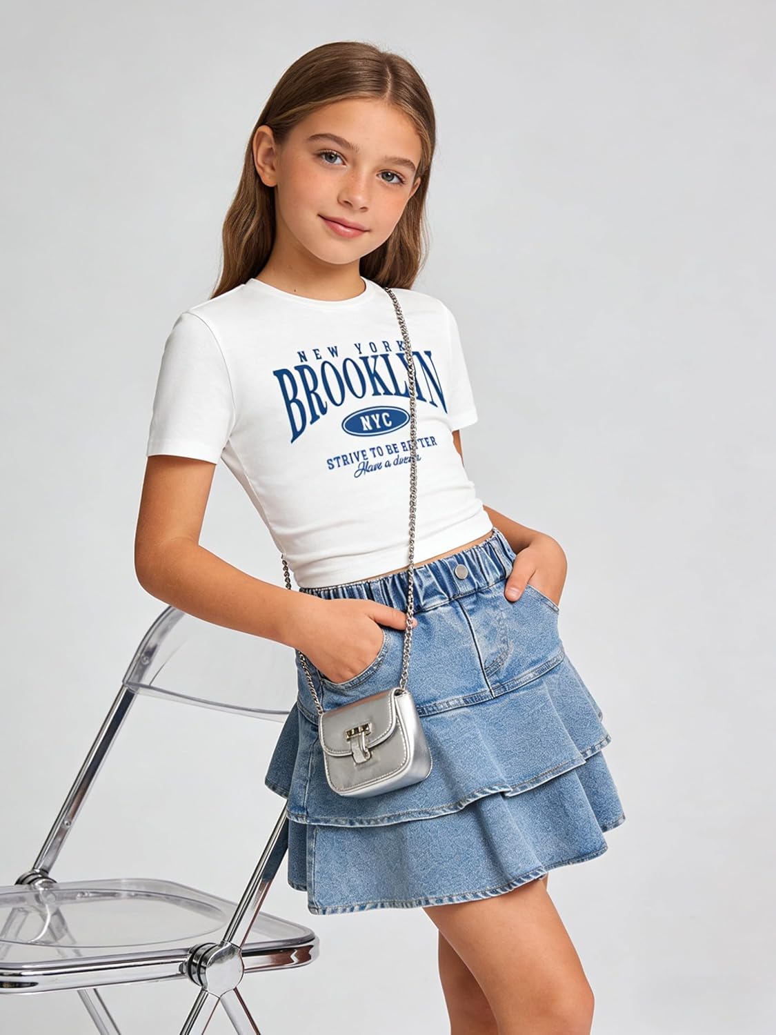 Cakaner Tween Girls Skirt Set Short Sleeve T-Shirt and Ruffle Tiered Denim Skirt Summer Casual 2 Piece Outfit Size 7-14 - Image 4