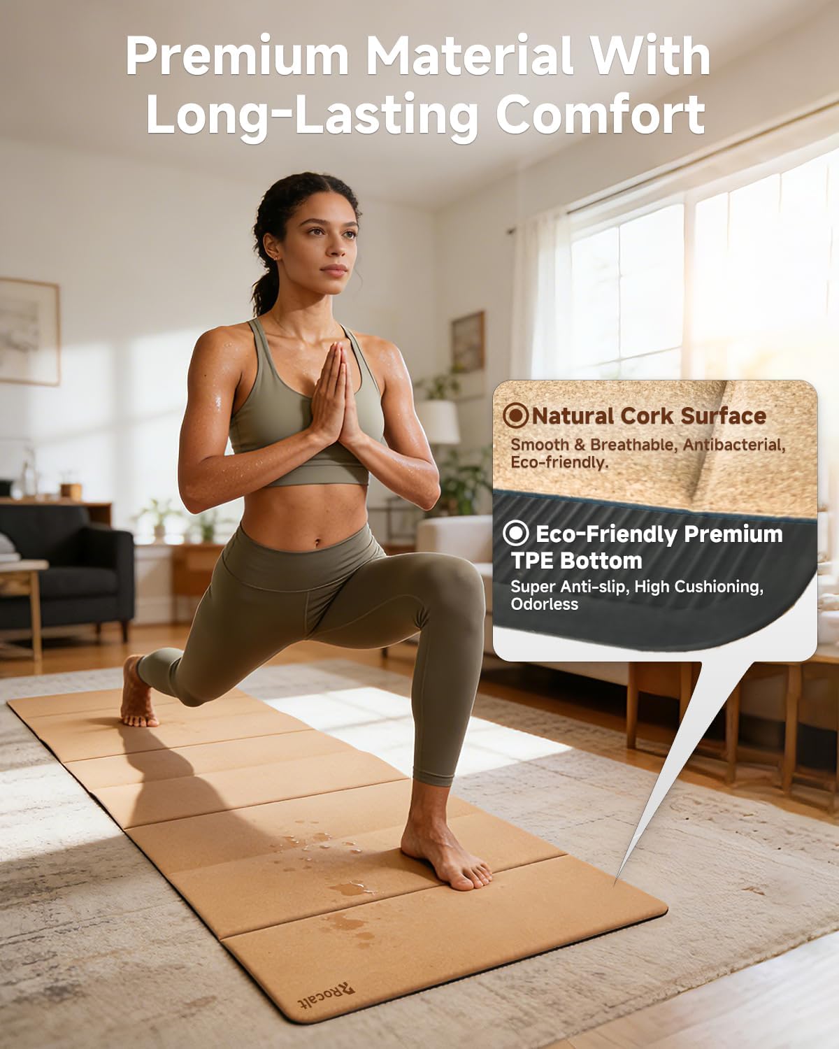 Rocalt Foldable Cork Yoga Mat, Non-Slip Lightweight Exercise Mat for Travel, Packable Workout Mat with Carrying Strap for Yoga Pilates Home Gym Floor Fitness - Image 8