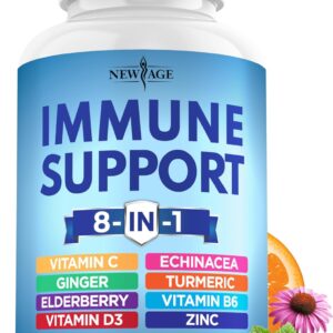 NEW AGE 8 in 1 Immune Support Booster Supplement with Echinacea, Vitamin C and Zinc 50mg, Vitamin D 5000 IU, Turmeric Curcumin & Ginger, B6, Elderberry 60 Count (Pack of 1)