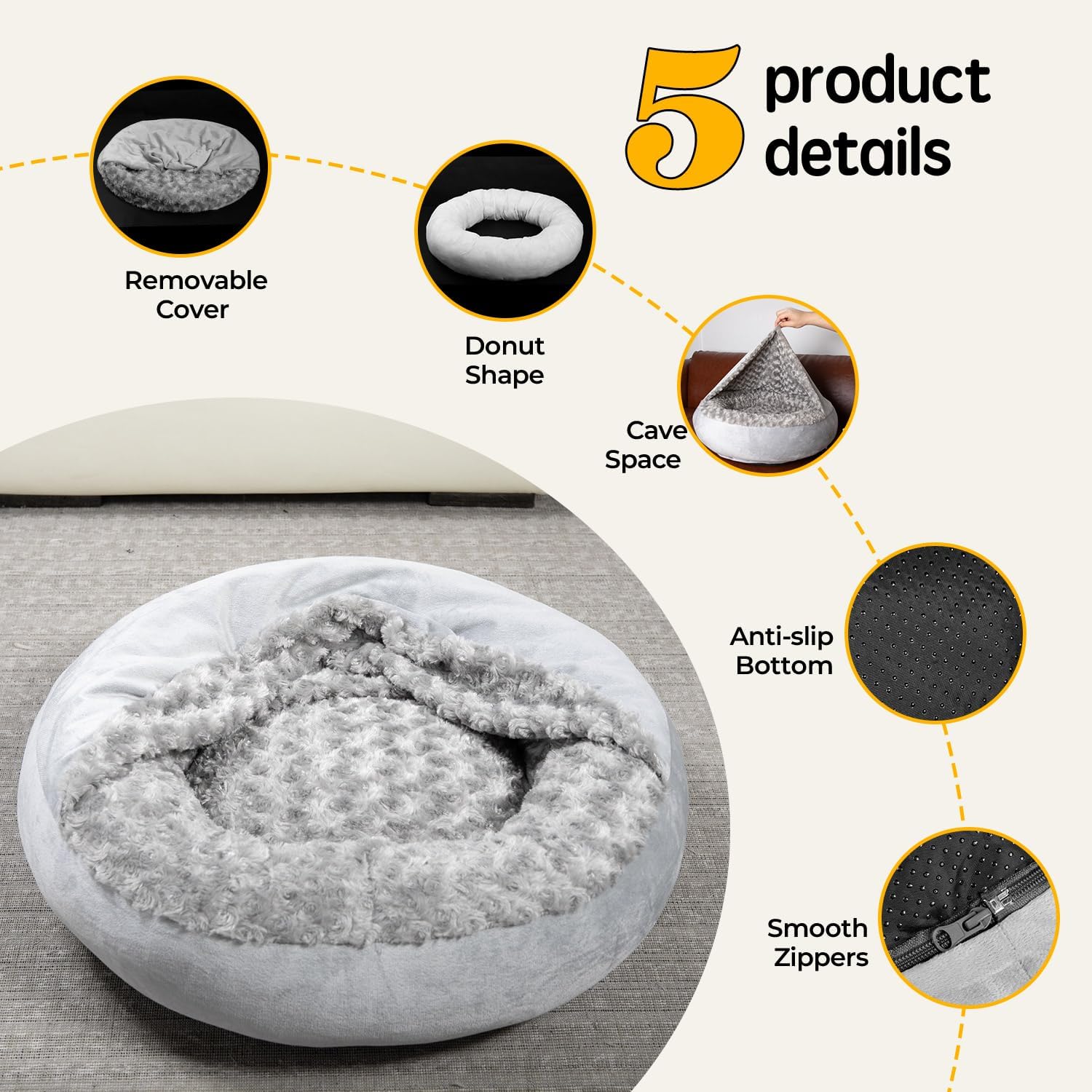 Cave Dog Bed with Blanket Easy to Assemble Donut Round Plush Cozy Cat Pet Bed for Puppy Machine Washable Removable Cover Cat Anti-Slip Bottom Gray 26X26X8 inch - Image 5