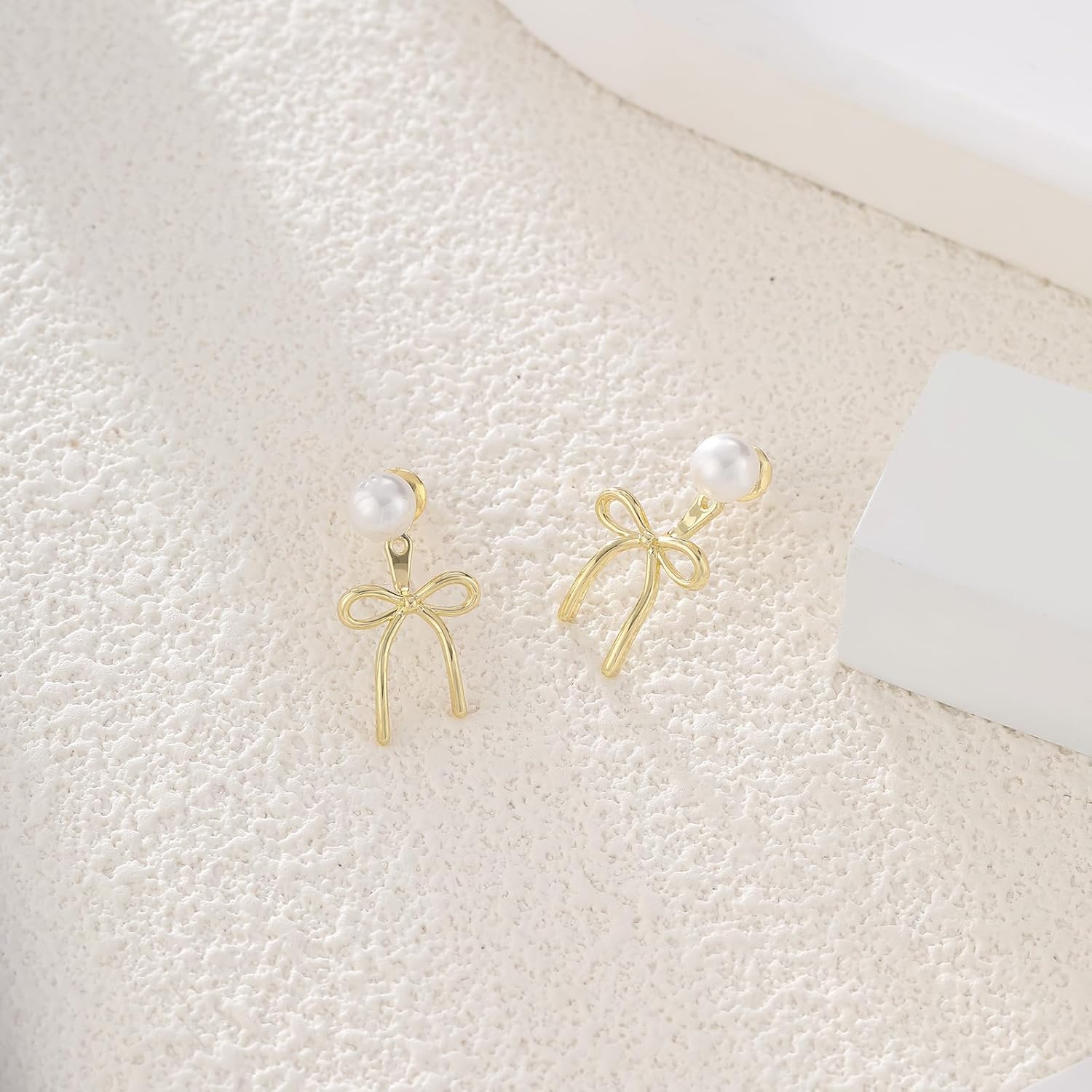 ASCOMY Gold Stud Earrings for Women - Dainty Bow 14K Gold/Silver Plated Pearl Earrings - Trendy Cute Ribbon Minimalist Jewelry Gifts for Her - Image 6