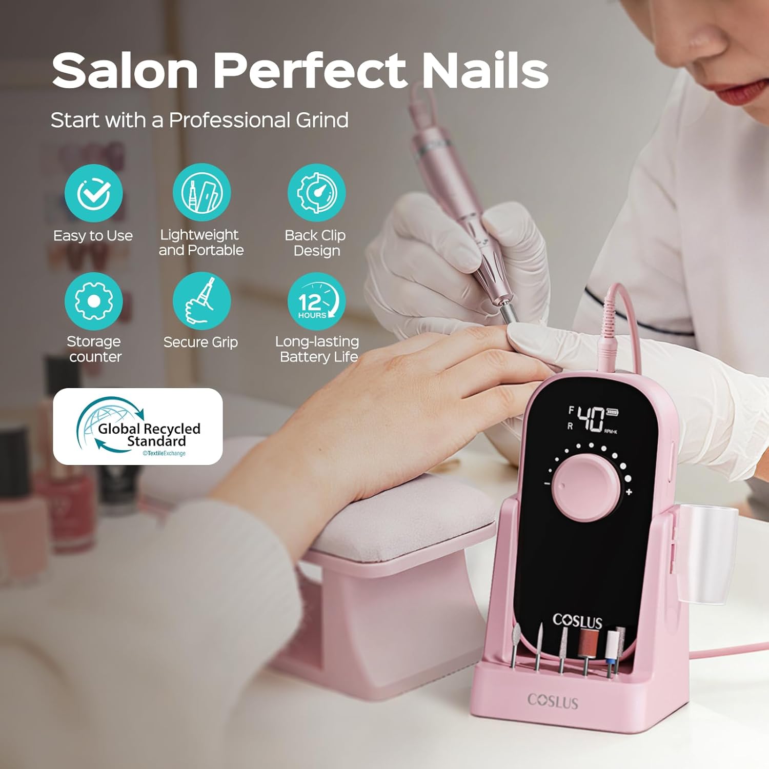 COSLUS E51 Electric Nail Drill Professional: 40000 RPM Rechargeable Nail File with Stand for Acrylic Nails, Stable & Smooth Grinding, Easy to Use, Ideal for Women Beginners, Home DIY and Salon Pink - Image 5