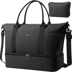 HOTOR Travel Duffel Bag – Weekender Bags for Women, Gym Tote Bags with Shoe Compartment, Carry On Overnight Bag with Toiletry Bag for Travel Essentials and Travel Accessories, Black, 13.4″×17.3″×7.9″