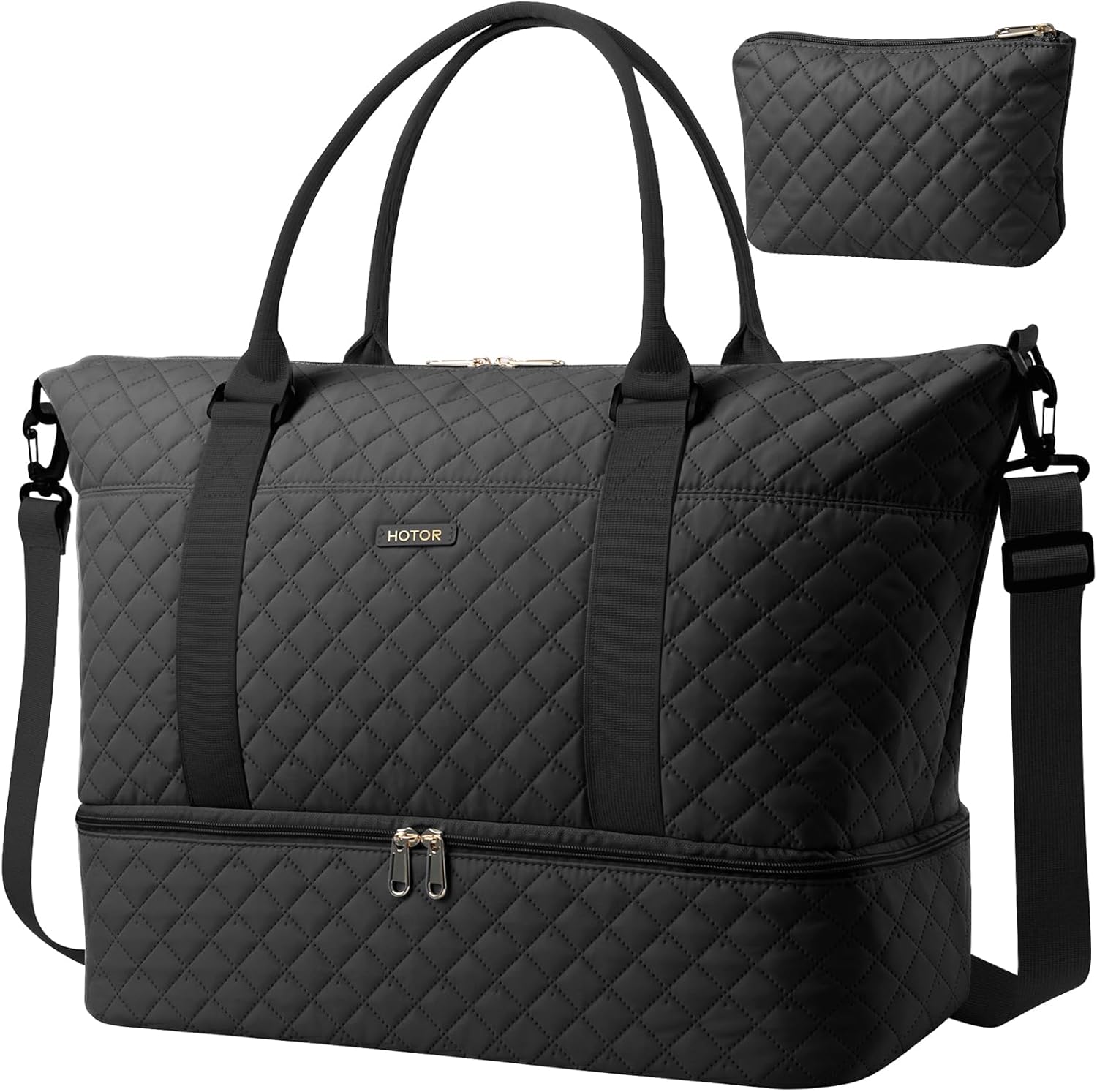 HOTOR Travel Duffel Bag - Weekender Bags for Women, Gym Tote Bags with Shoe Compartment, Carry On Overnight Bag with Toiletry Bag for Travel Essentials and Travel Accessories, Black, 13.4"×17.3"×7.9"