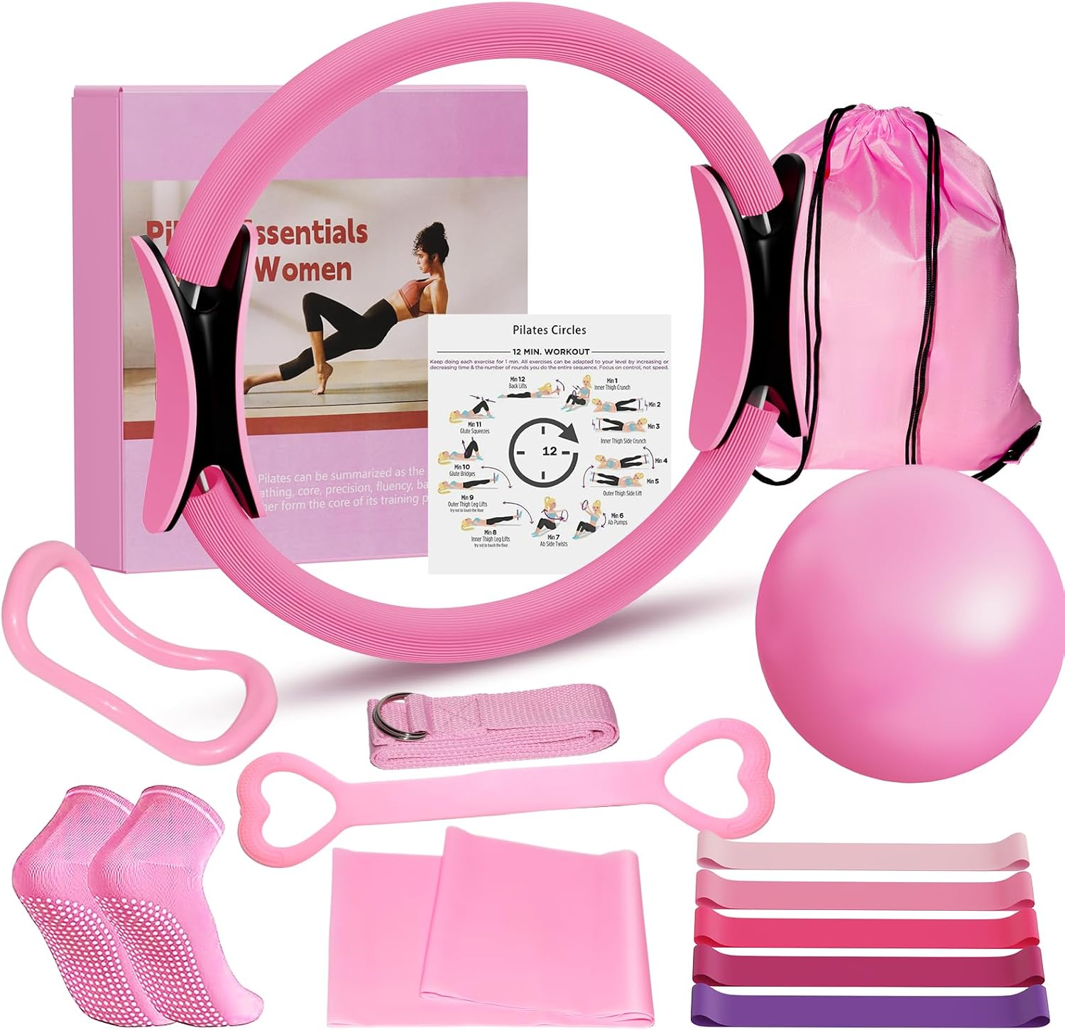 Home Pilates Kit for Women - 12 inch Pilates Ring, 9 inch Ball & Resistance Bands Set, Complete Pilates Equipment with Figure 8 Band, Hip Belt & Accessories for Beginners' Home Workouts
