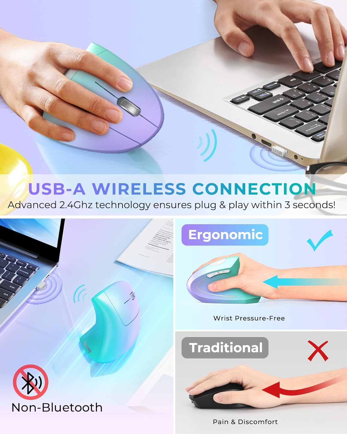 Lekvey Ergonomic Mouse, Vertical Wireless Mouse, Rechargeable 2.4G Optical Carpal Tunnel Mice: 800/1200 / 1600 DPI, 6 Buttons, for Laptop, PC, Mac, Computer, Desktop, Notebook etc, Green Purple - Image 3