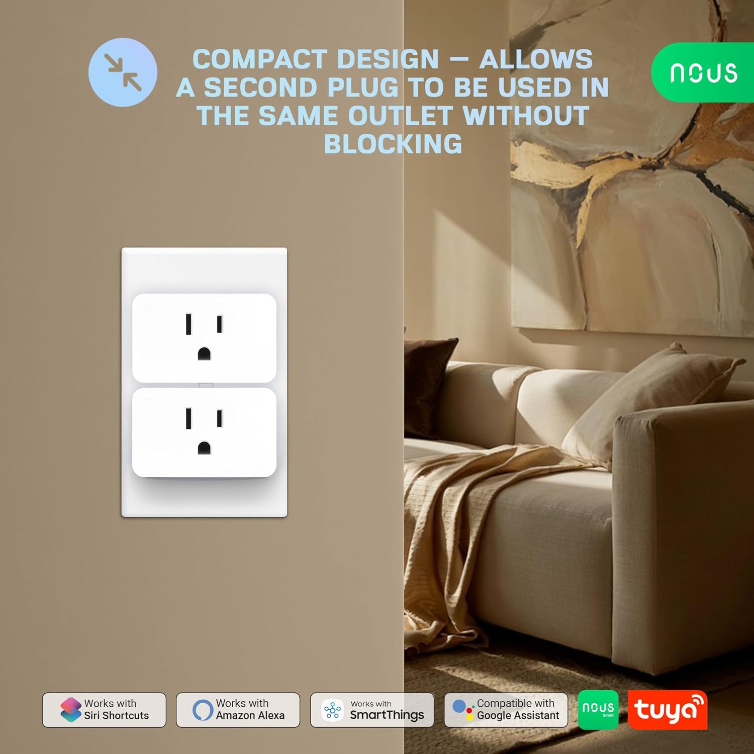 NOUS Wi-Fi Smart Plug 15A, Dual-Band 2.4GHz & 5GHz, Energy Monitoring, Compatible with Alexa, Google Home, Tuya App, Remote Control, Timer, Compact Design, Smart Outlet, 3 Pack - Image 5