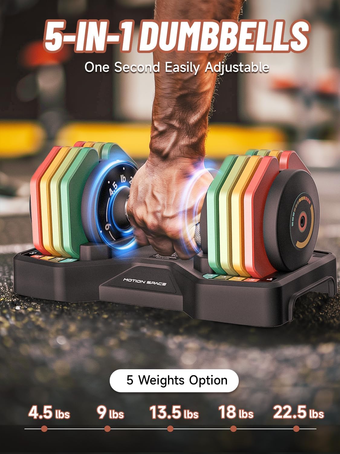 Adjustable Dumbbells Set 22.5LB Pair, 1-Sec Fast Adjustable 5 Free Weights, Premium Comfort Non-slip Metal Handle, Compact Size for Full Body Home Workout - Image 2