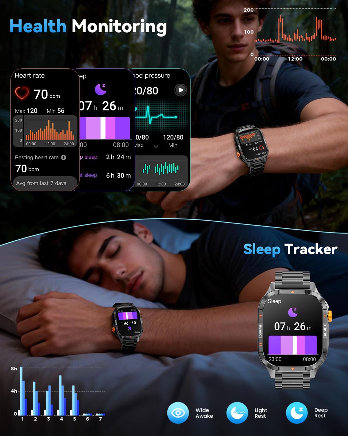 Military Smart Watches for Men, 2.01'' Smart Watch with 1000mAh Battery/Flashlight,Answer/Make Calls Smart Watch for Android and iPhone with SpO2/Heart Rate/Sleep/100+ Sport Modes, Fitness Tracker - Image 7