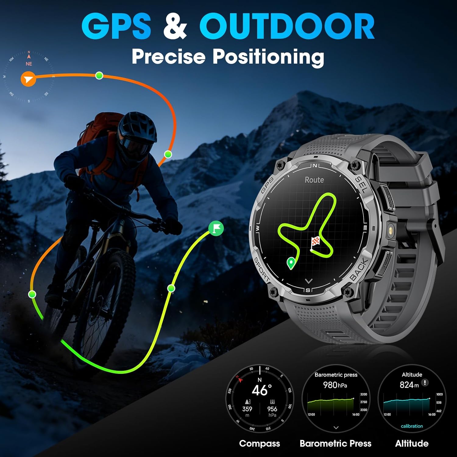 Military Smart Watch for Men with GPS, 1.43" AMOLED Bluetooth Call, LED Flashlight, Rugged Tactical Watch for Android iOS, 3ATM Waterproof Fitness Tracker with Heart Rate Pedometer (Black) - Image 2