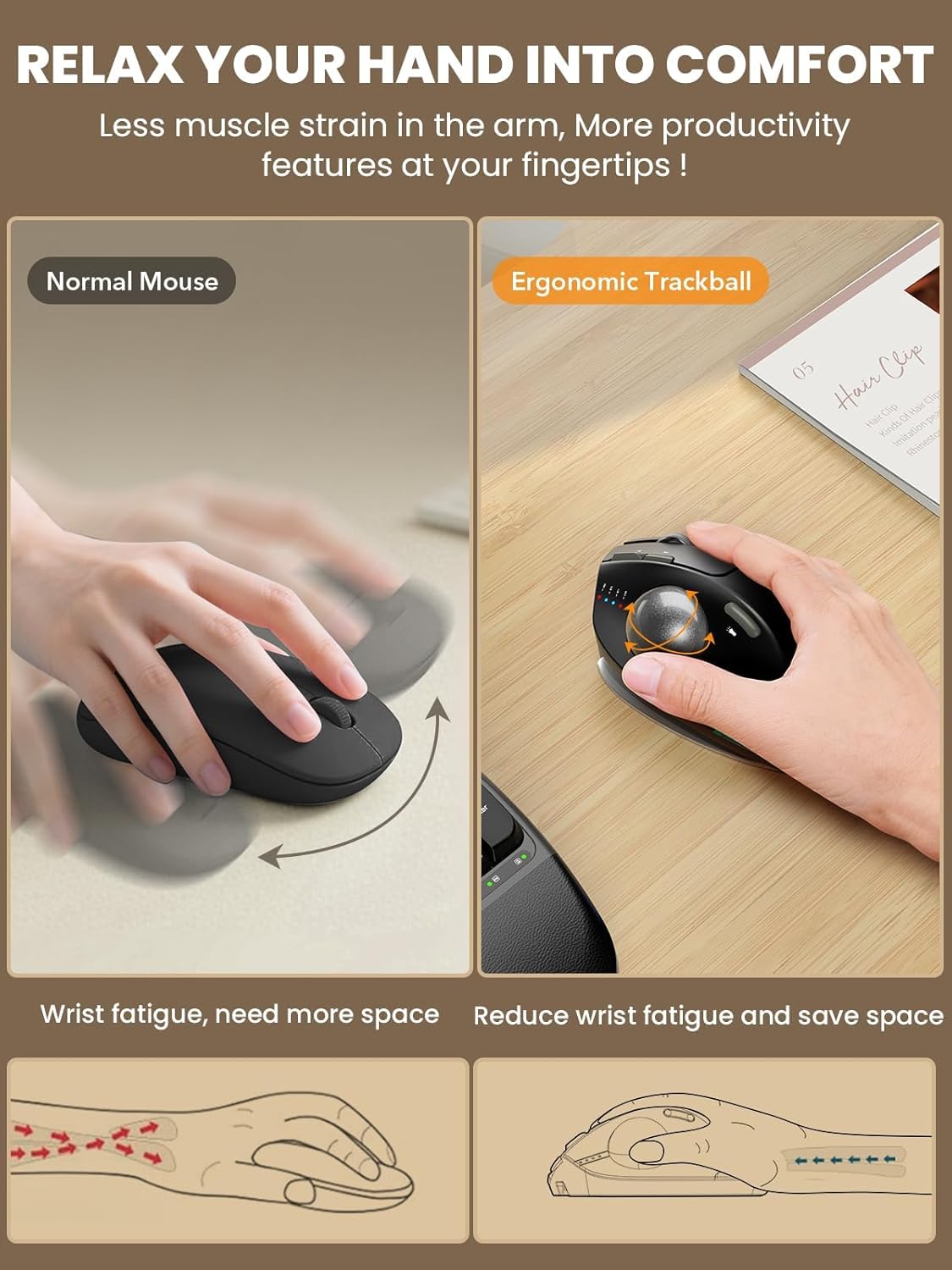 SABLUTE MAM1 Pro Ergonomic Wireless Trackball Mouse, Adjustable 0°/18° Angle, Thumb Control, Quiet Clicks, 3 Multi-Device Bluetooth & USB Receiver, Rechargeable Mouse for Office, Windows Mac - Image 3