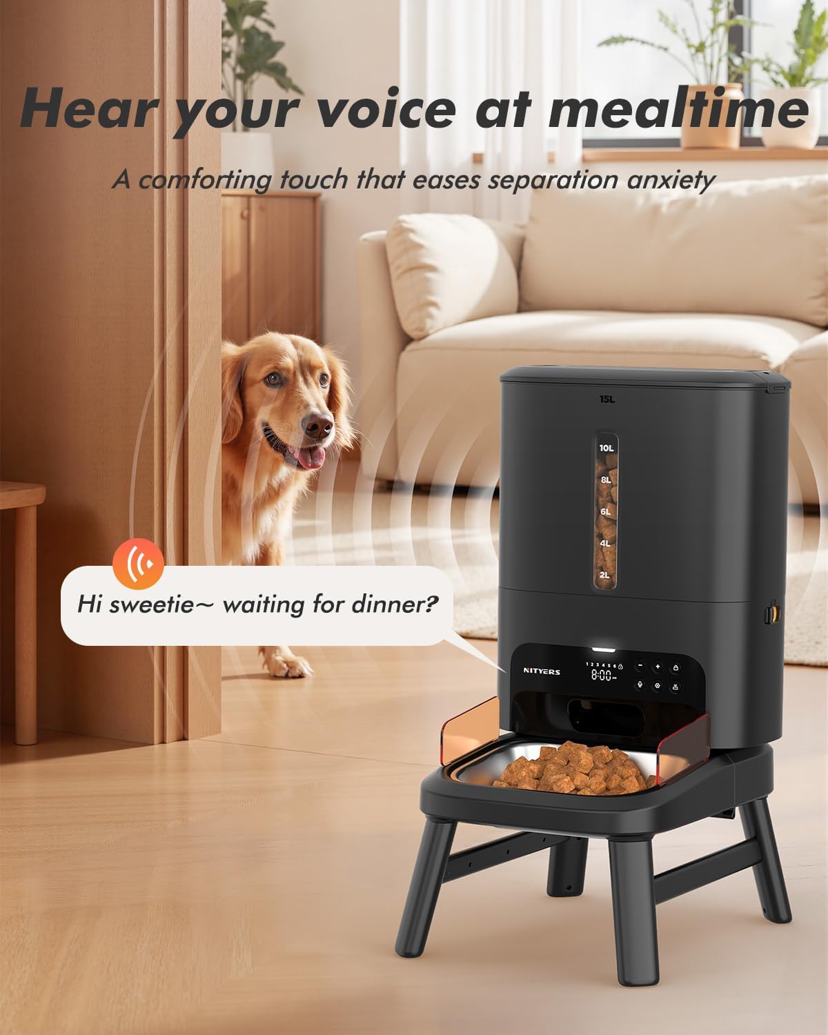 Automatic Dog Feeder for Large Breed - 15L/ 63 Cups Anti-Clog Dog Food Dispenser for 2-23mm Kibble, Elevated Stand, Large Food Tray, Dual Power, Up to 50 Portions 6 Meals Per Day, Keeps Fresh - Image 8