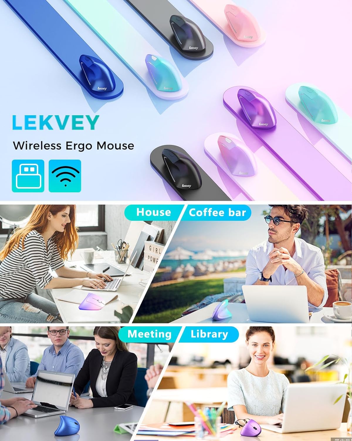 Lekvey Ergonomic Mouse, Vertical Wireless Mouse, Rechargeable 2.4G Optical Carpal Tunnel Mice: 800/1200 / 1600 DPI, 6 Buttons, for Laptop, PC, Mac, Computer, Desktop, Notebook etc, Green Purple - Image 7