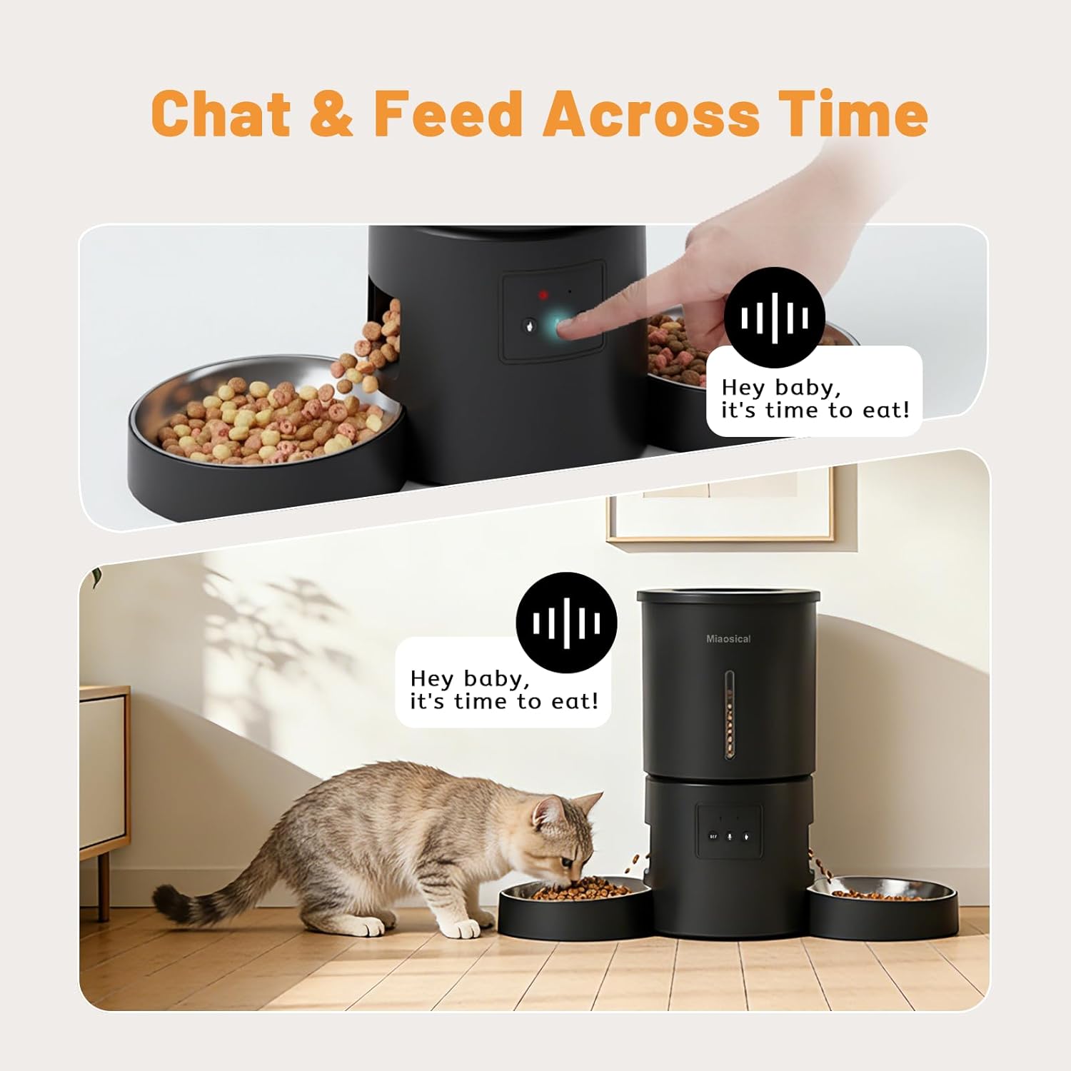 Miaosical Automatic Cat Feeder 2 Cats,2.4G WiFi Timed Auto Cat Food Dispenser with Dual Bowls,4.2L Smart App Control,Equal Portion Feeding for Multiple Cats (Black, 4.2L WiFi Dual Bowl) - Image 4
