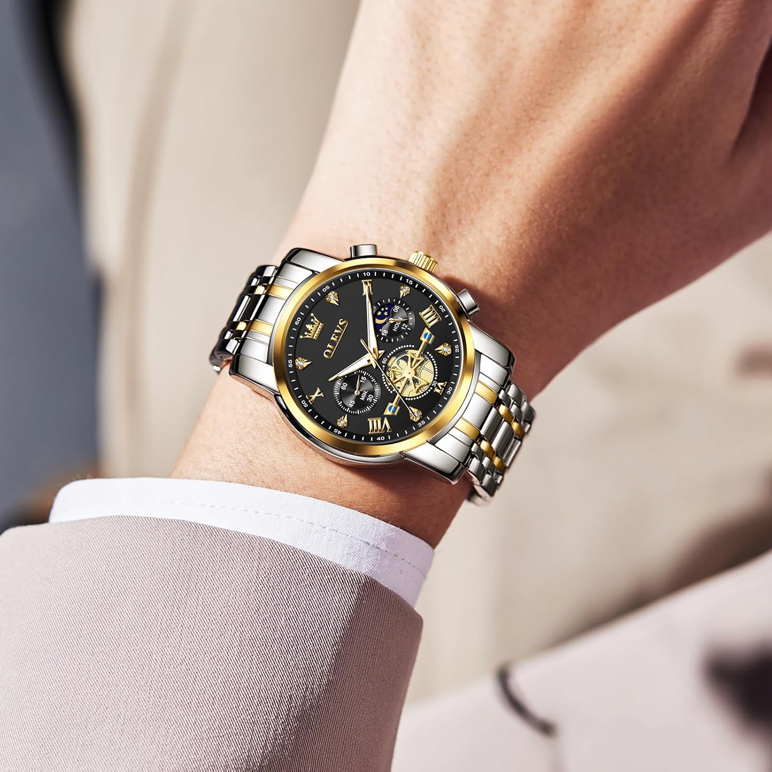 OLEVS Men Watches Stainless Steel Chronograph Watch, Large Wrist Analog Quartz Watch, Fashion Waterproof Diamond Roman Numerals Dress Watches for Men, Gold/Black/White/Blue/Grey Dial - Image 8