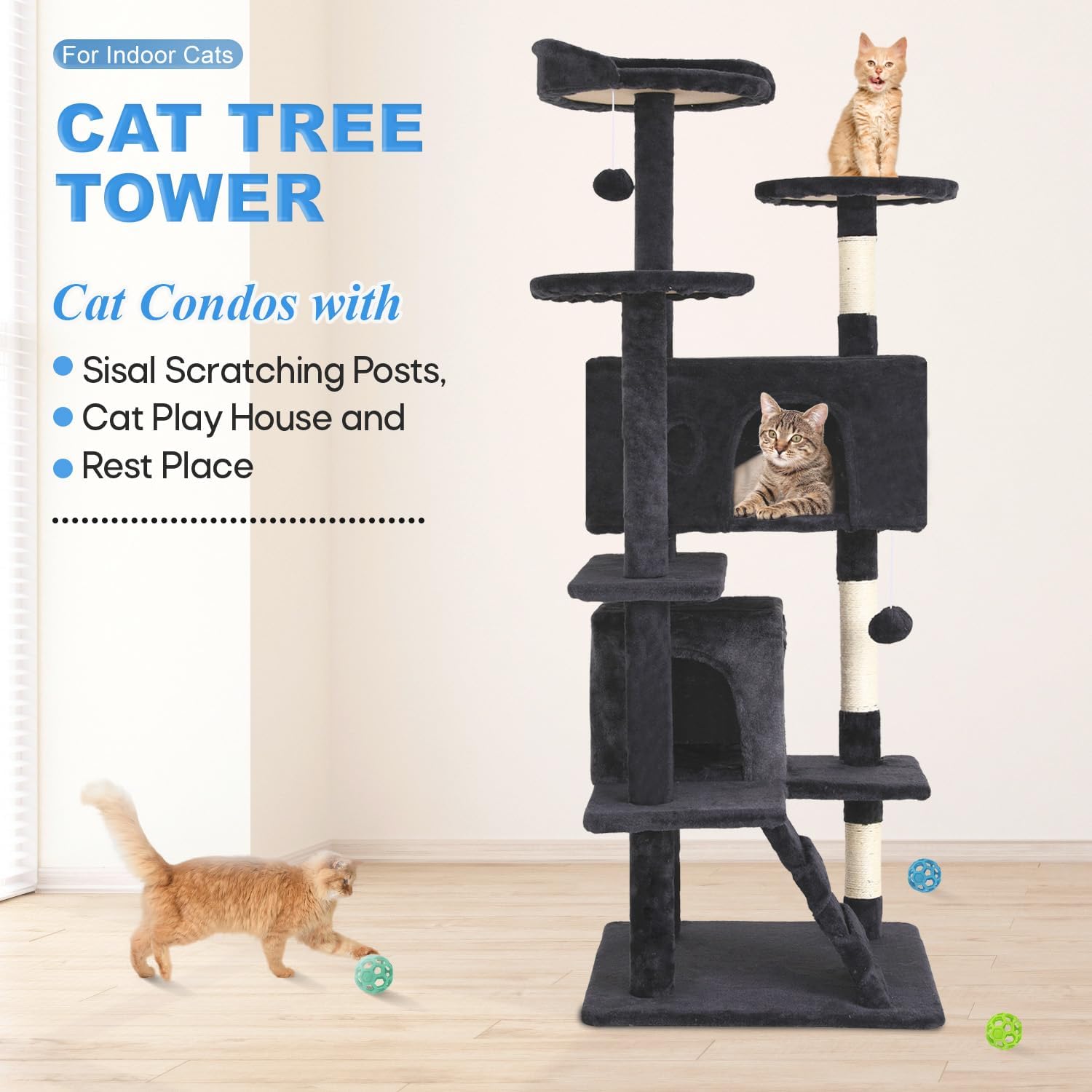 FDW | 54" Cat Tree Tower | Dark Gray | Multi-Level Indoor Activity Center with Sisal Scratching Posts, Condos, Plush Perches, Hanging Cat Toys | Sturdy, Easy to Assemble | for Kittens & Adult Cats - Image 2