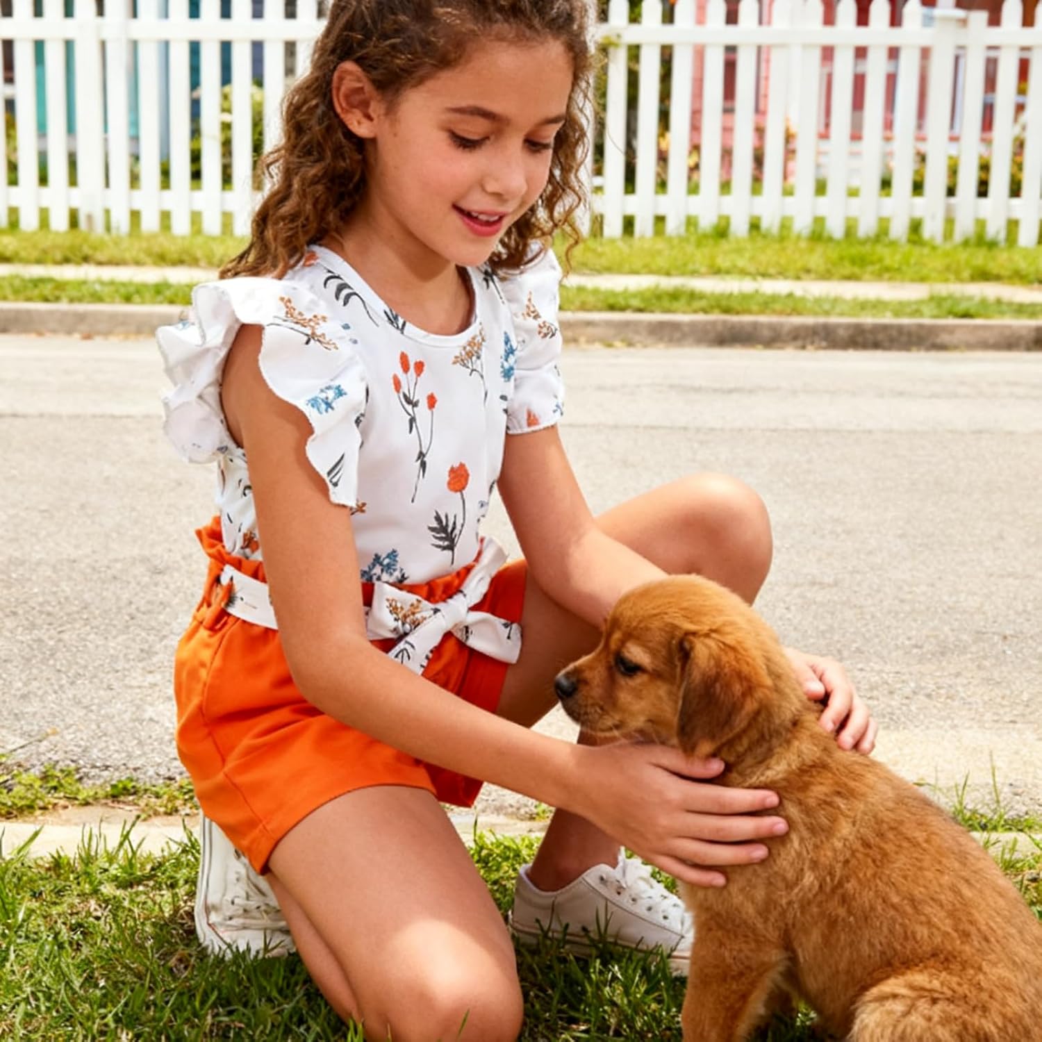 3-8T Toddler Kid Girl Outfits Clothes Ruffle Short Sleeve Floral T-Shirt Top Summer Shorts with Belt - Image 3