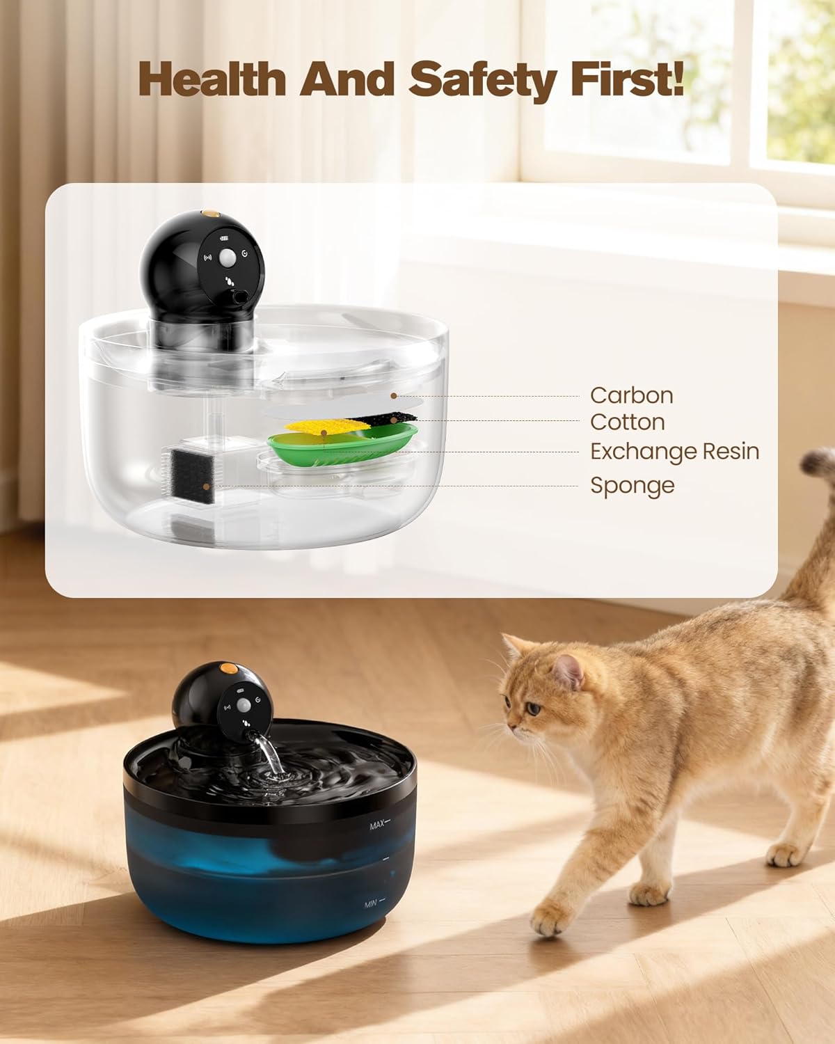 Cat Water Fountain Wireless Cordless: Cat Fountain for Drinking Battery Operated - 88oz/2.6L Black Pet Water Fountain Rechargeable - Quiet Cats Water Bowl Dispenser with Motion Sensor - Small Animals - Image 6