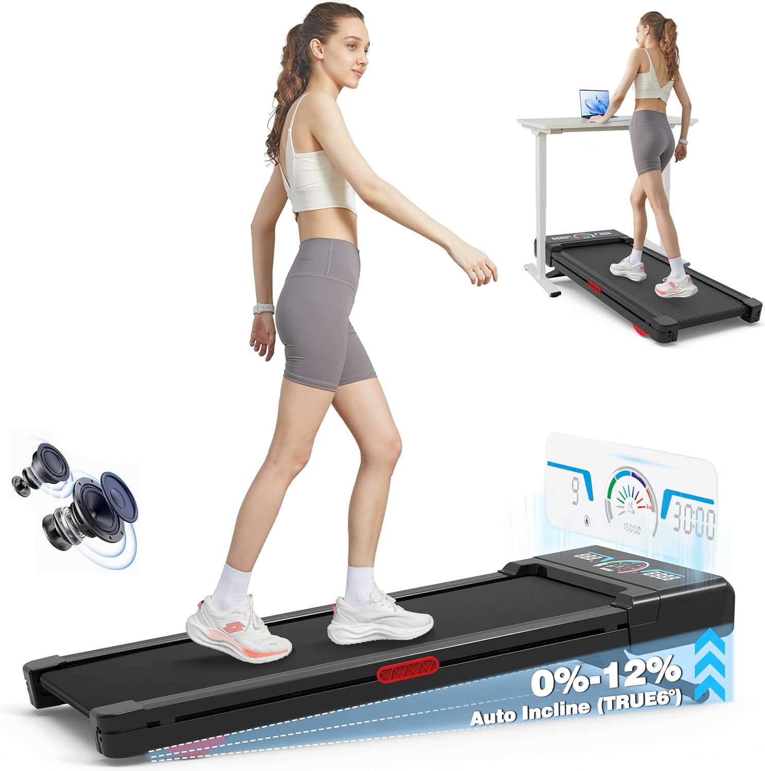 TRAILVIBER Walking Pad Treadmill with 12% 9-Level Auto Incline, 450 lbs Capacity RGB LED Screen, Bluetooth Speaker Under Desk Treadmill, Compact Treadmills for Home Hiking, Black