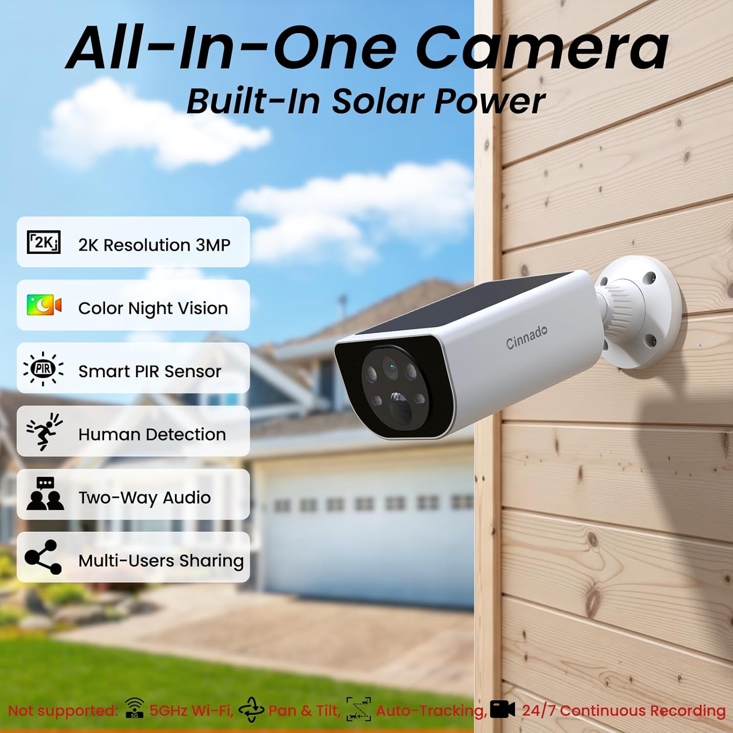 Cinnado Security Cameras Wireless Outdoor - Home Security Cameras Solar & Battery Powered with 2K Color Night Vision, 2-Way Talk & Spotlight, Continuous Power, 2.4 GHz Wi-Fi, Easy Set Up, S1 4 Pack - Image 2