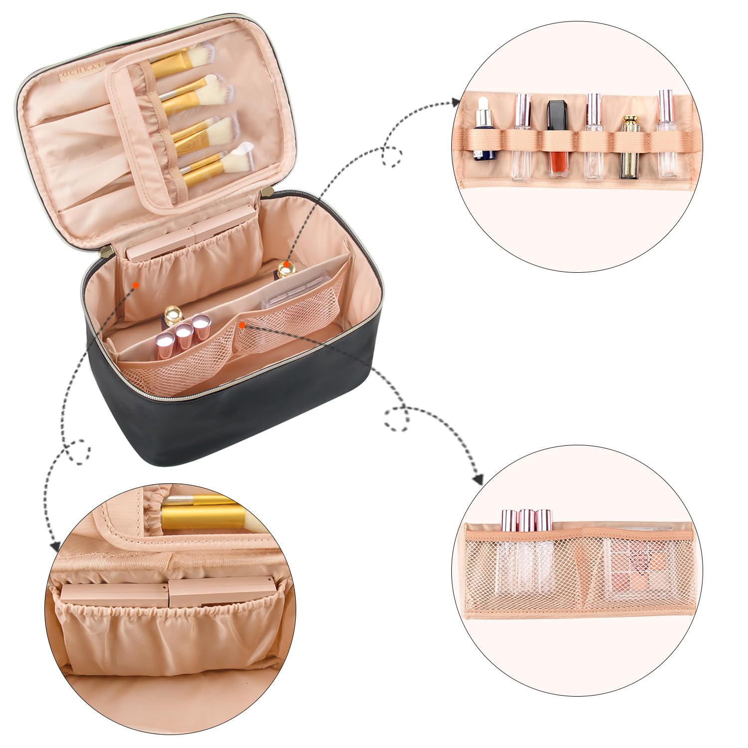 OCHEAL Makeup Bag, Portable Cosmetic Bag, Large Capacity Travel Makeup Case Organizer, Black For Women Toiletry Bag for Girls Traveling With Handle and Divider - Image 4