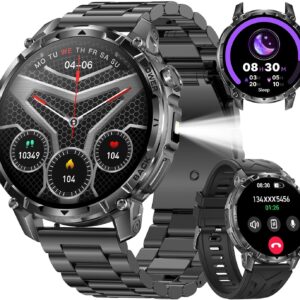 MIDDOW Military Smart Watch for Men with Flashlight (Answer/Make Call), 1000mAh Battery/1.7″ Display/Heart Rate/Blood Oxygen/Sleep Monitor, 100+ Sports Modes/IP68 Waterproof Fitness Tracker (2 Straps)