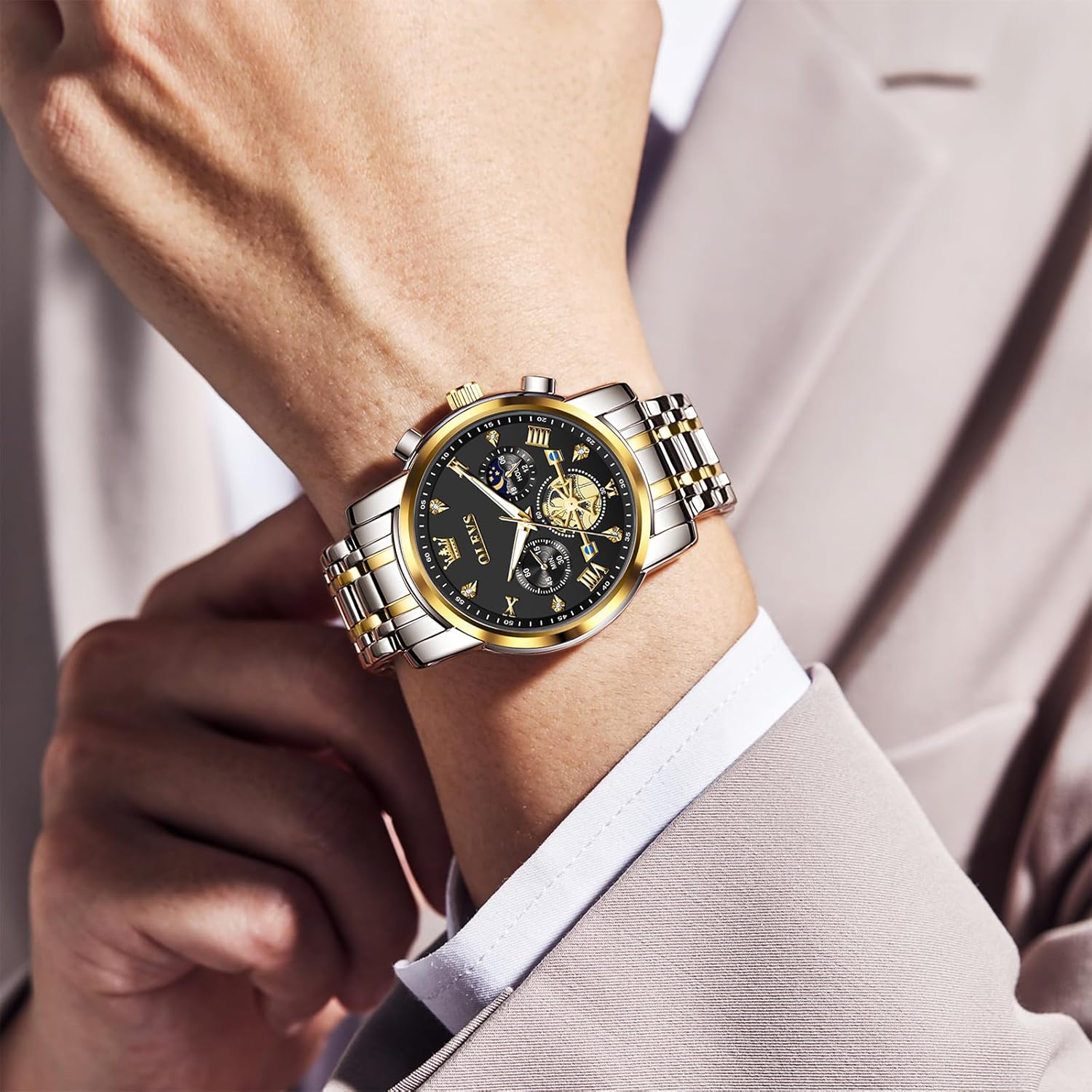 OLEVS Men Watches Stainless Steel Chronograph Watch, Large Wrist Analog Quartz Watch, Fashion Waterproof Diamond Roman Numerals Dress Watches for Men, Gold/Black/White/Blue/Grey Dial - Image 3