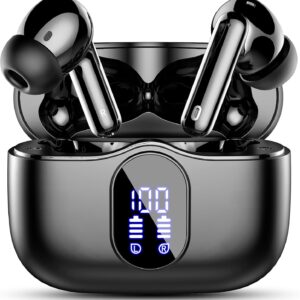 Wireless Earbuds, Bluetooth 5.4 Headphones Bass Stereo, Ear Buds with Noise Cancelling Mic, LED Display in Ear Earphones Clear Calls, IP7 Waterproof Bluetooth Earbuds for Phones/Sports/Laptop, Black