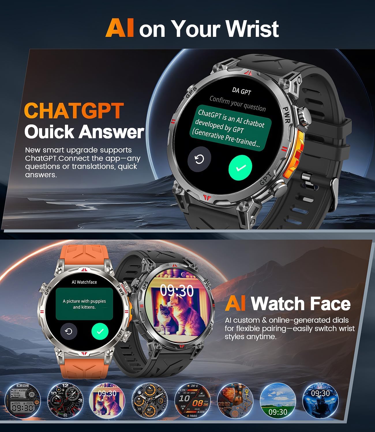 Military Smart Watches for Men GPS, 1.56" AMOLED Screen Bluetooth Call, Smartwatch for Android Phones and iPhone, 100+ Sport Modes, 3ATM Waterproof Smart Watch with Compass - Image 9