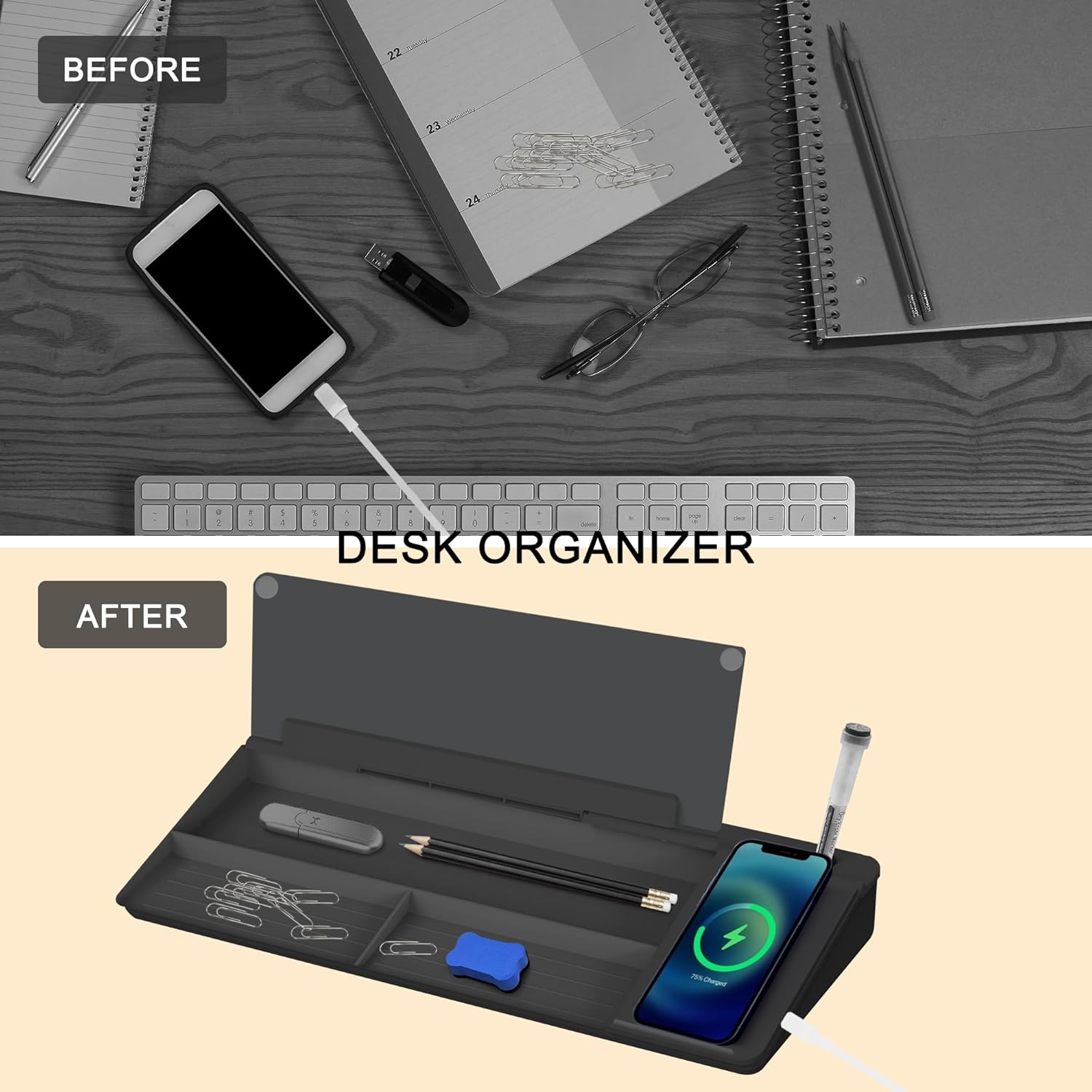 SELEAD Desktop Glass Whiteboard with Wireless Charger Station, Dry Erase Board Computer Pad Keyboard Stand with Organizer for Home, School, Office Desk Accessories, Black - Image 8